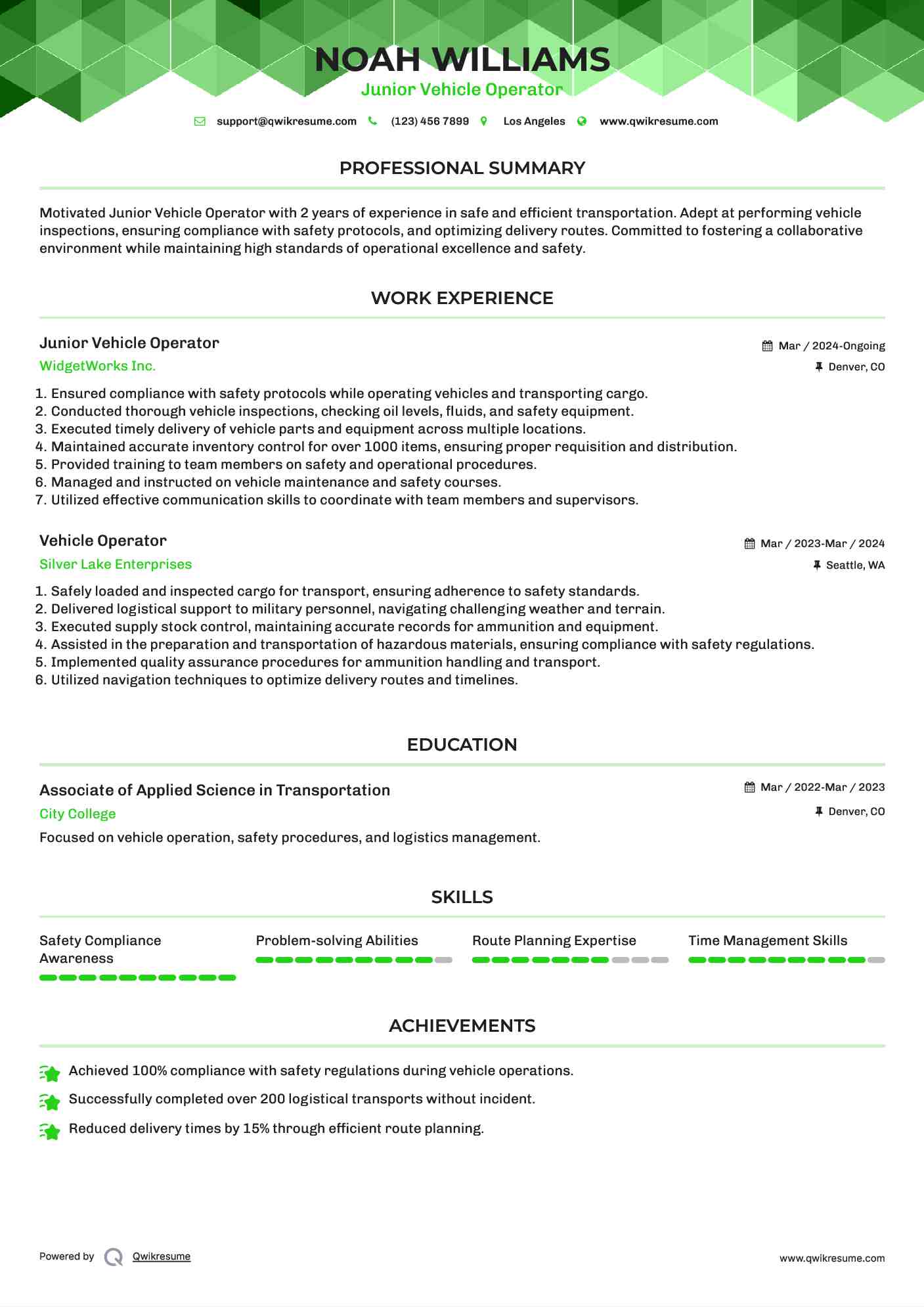 Junior Vehicle Operator Resume Sample