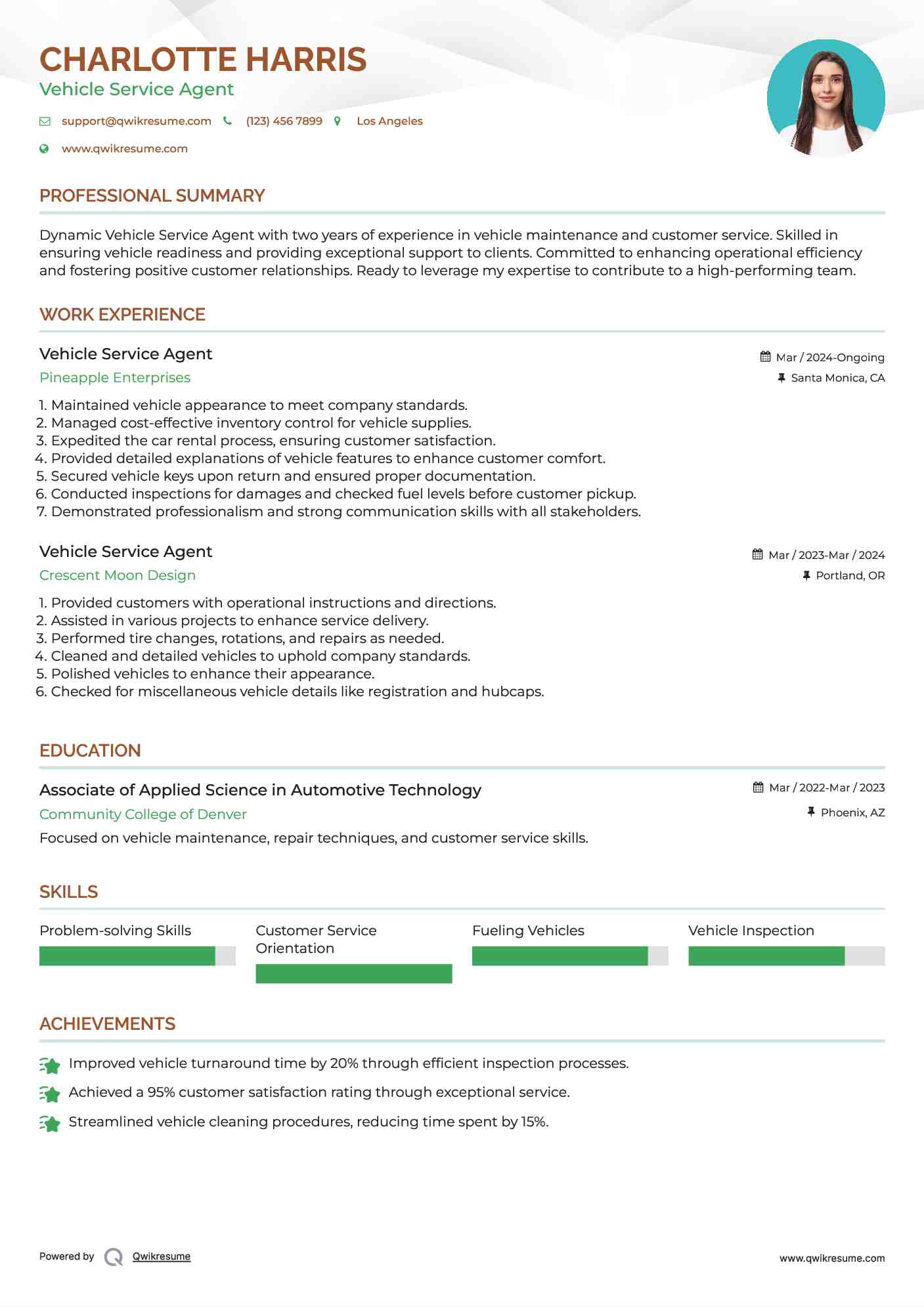 Vehicle Service Agent Resume Example