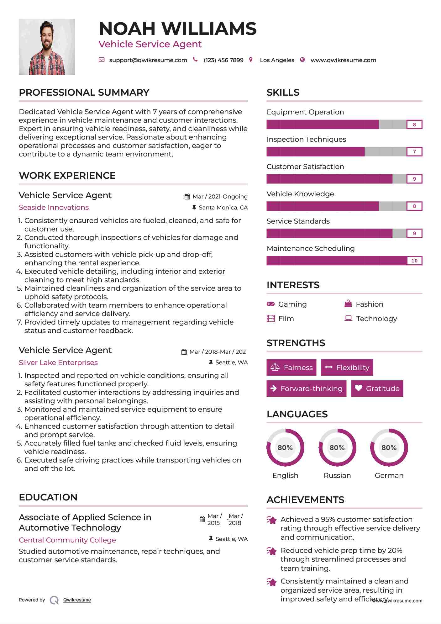 Vehicle Service Agent Resume Example