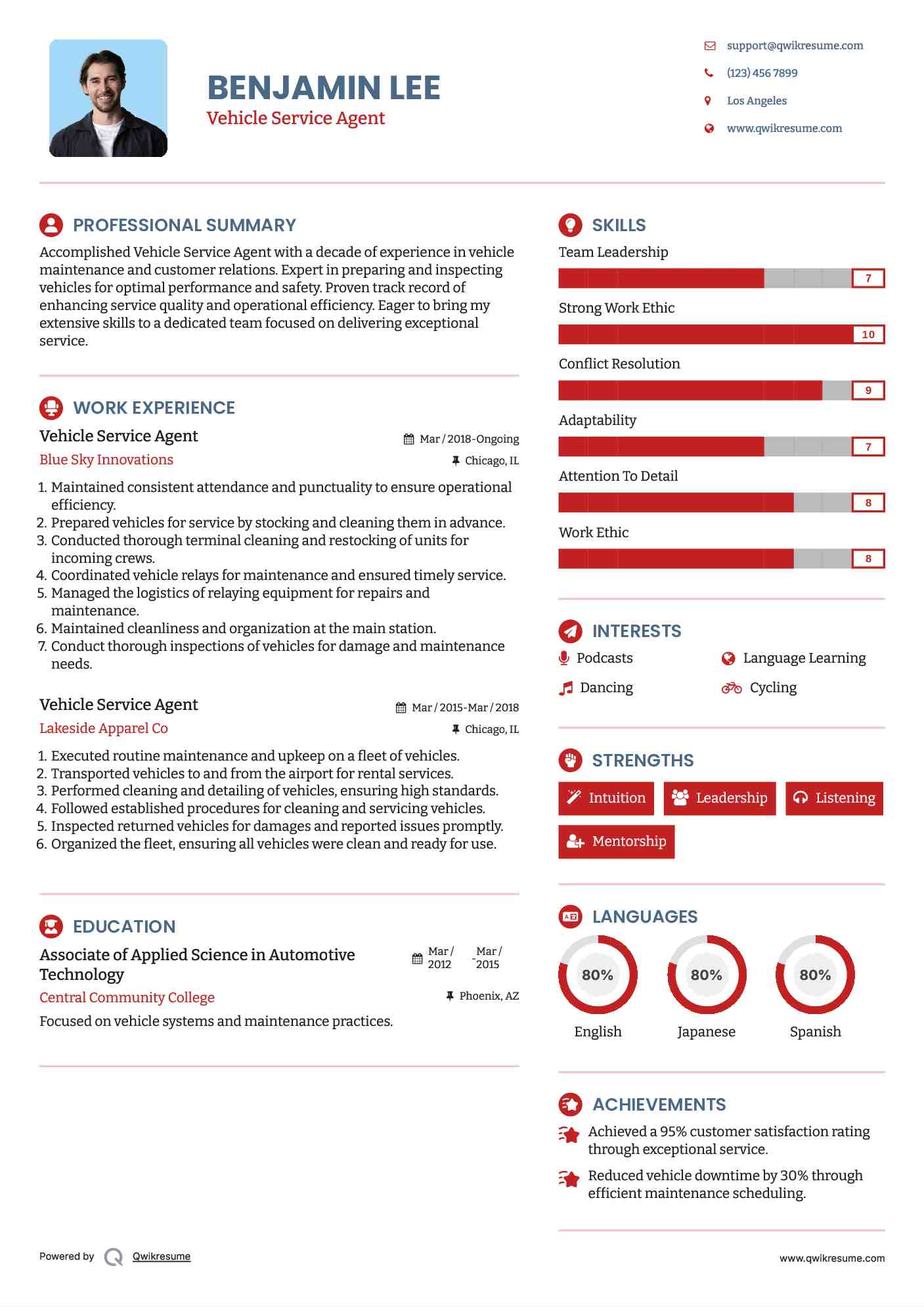 Vehicle Service Agent Resume Format