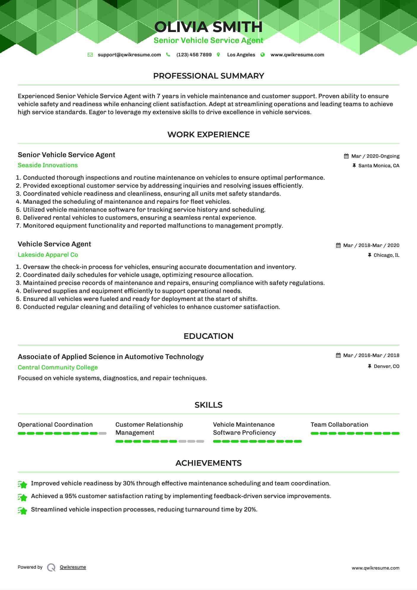 Senior Vehicle Service Agent Resume Model
