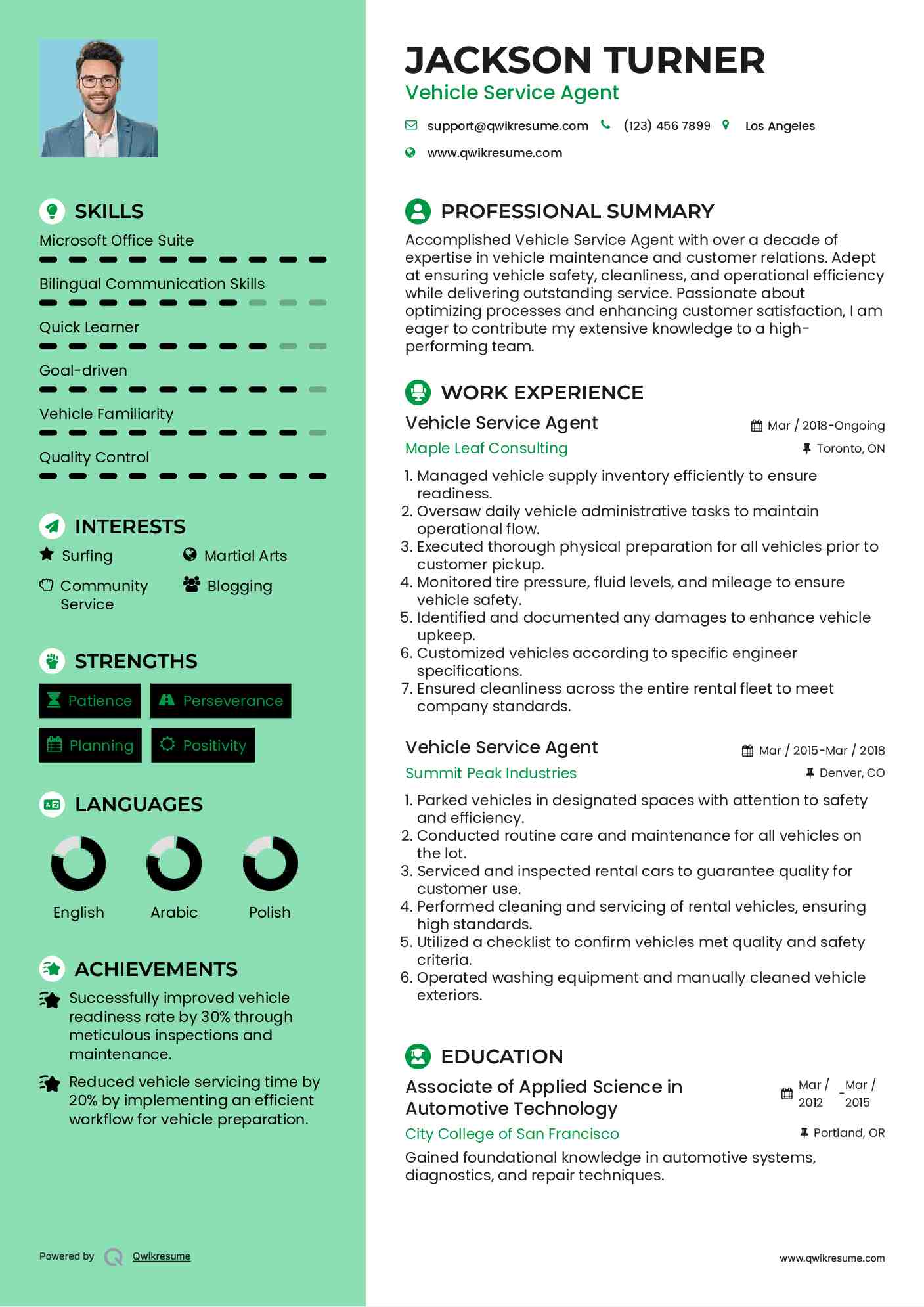 Vehicle Service Agent Resume Example