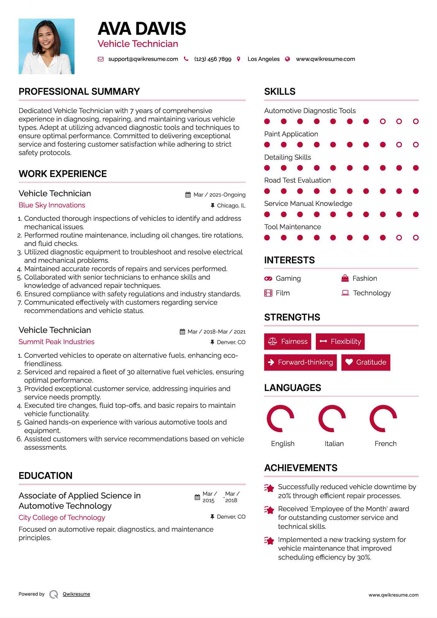 Vehicle Technician Resume Model