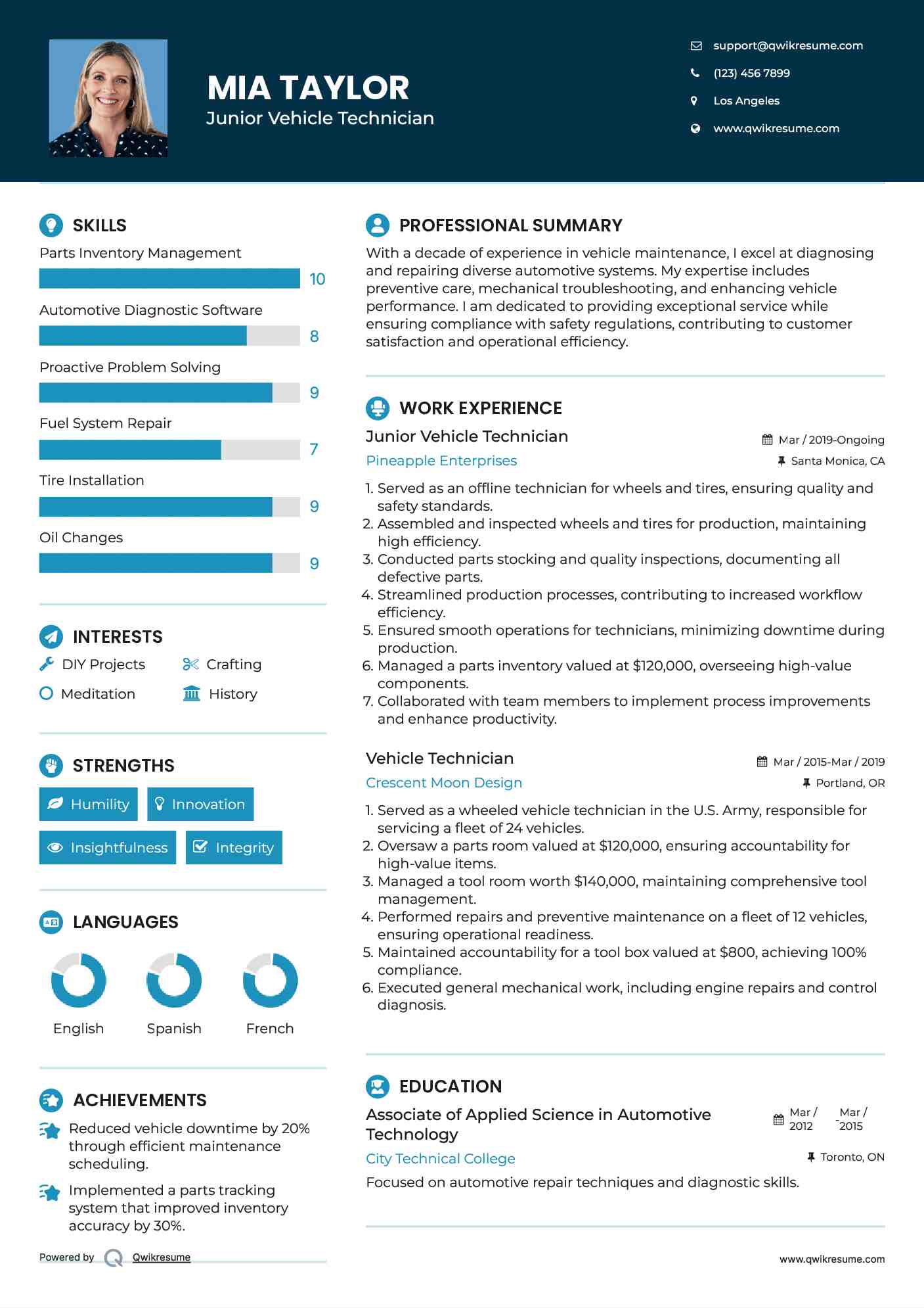 Junior Vehicle Technician Resume Format