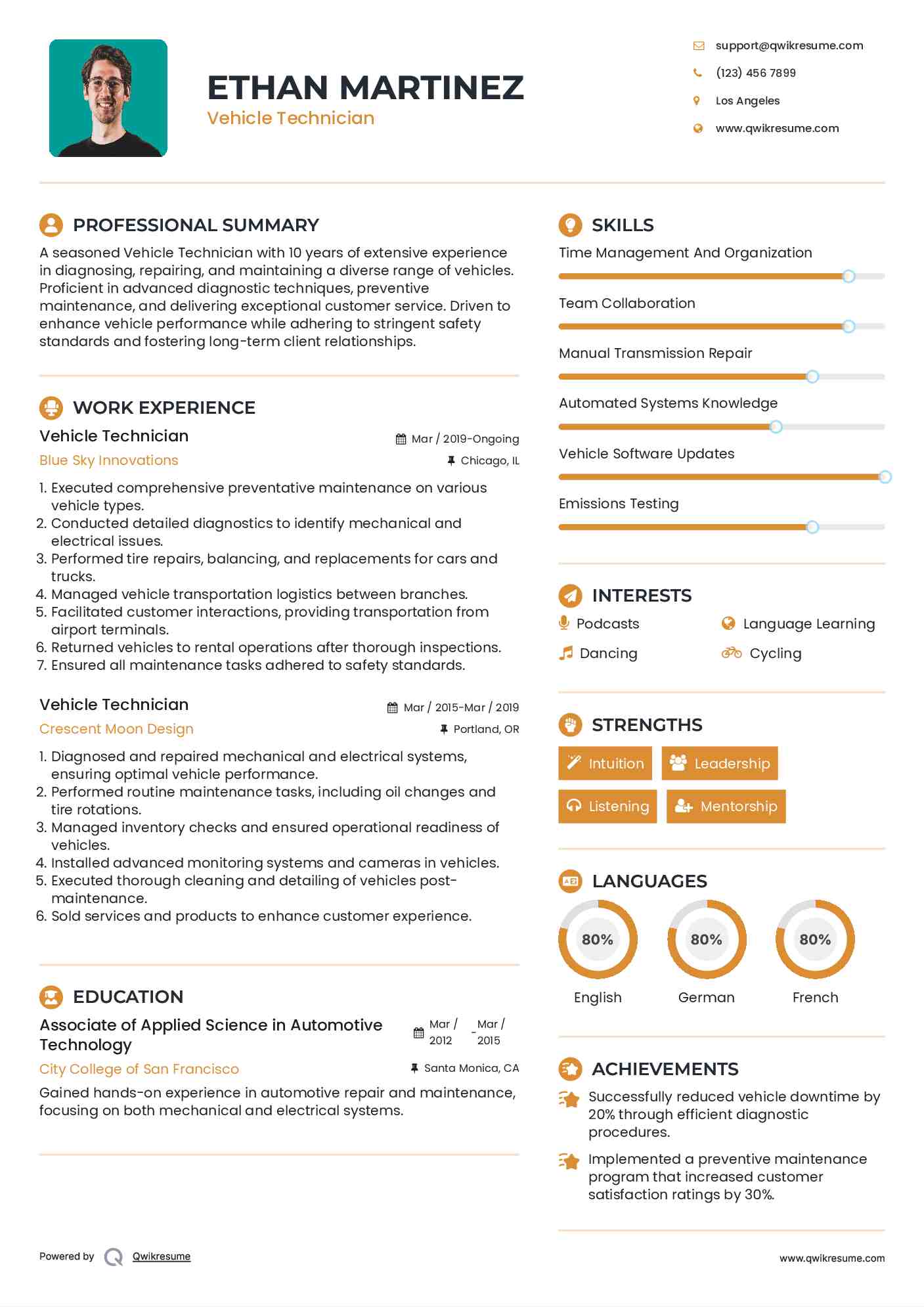 Vehicle Technician Resume Sample