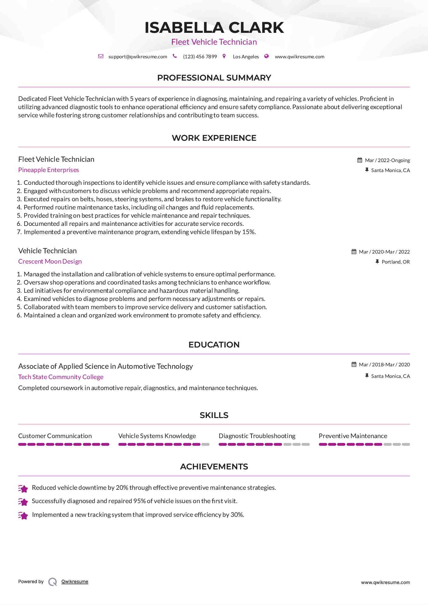Fleet Vehicle Technician Resume Format