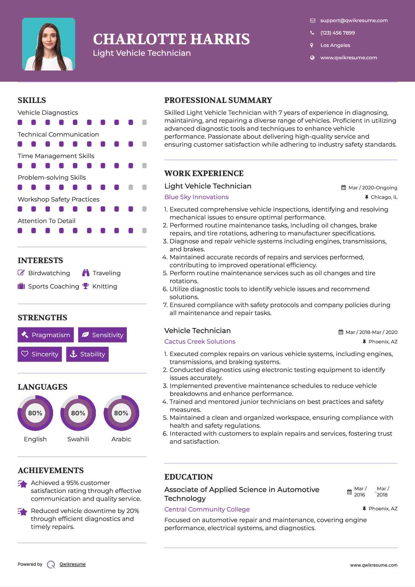 Light Vehicle Technician Resume Template