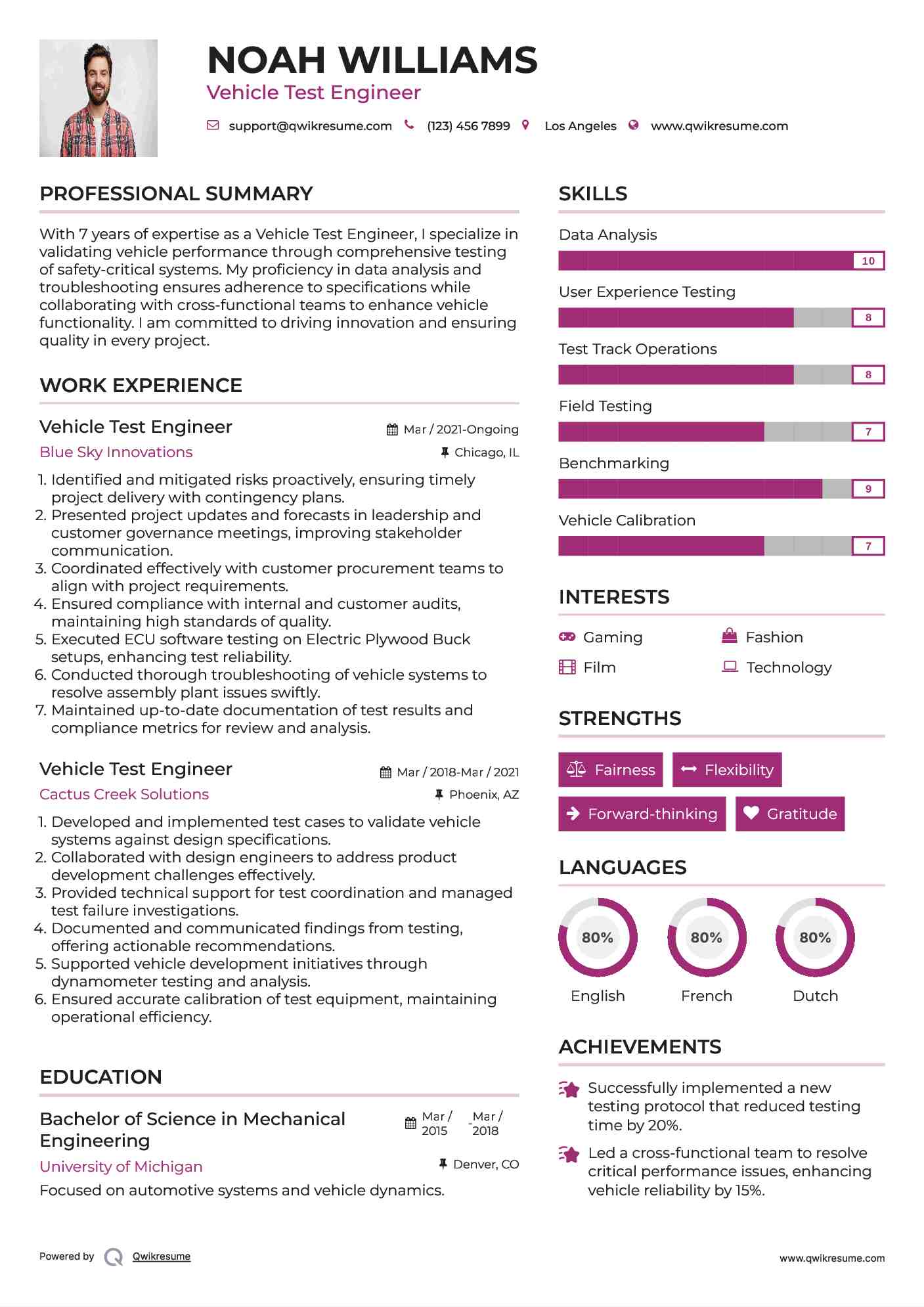 Vehicle Test Engineer Resume Sample