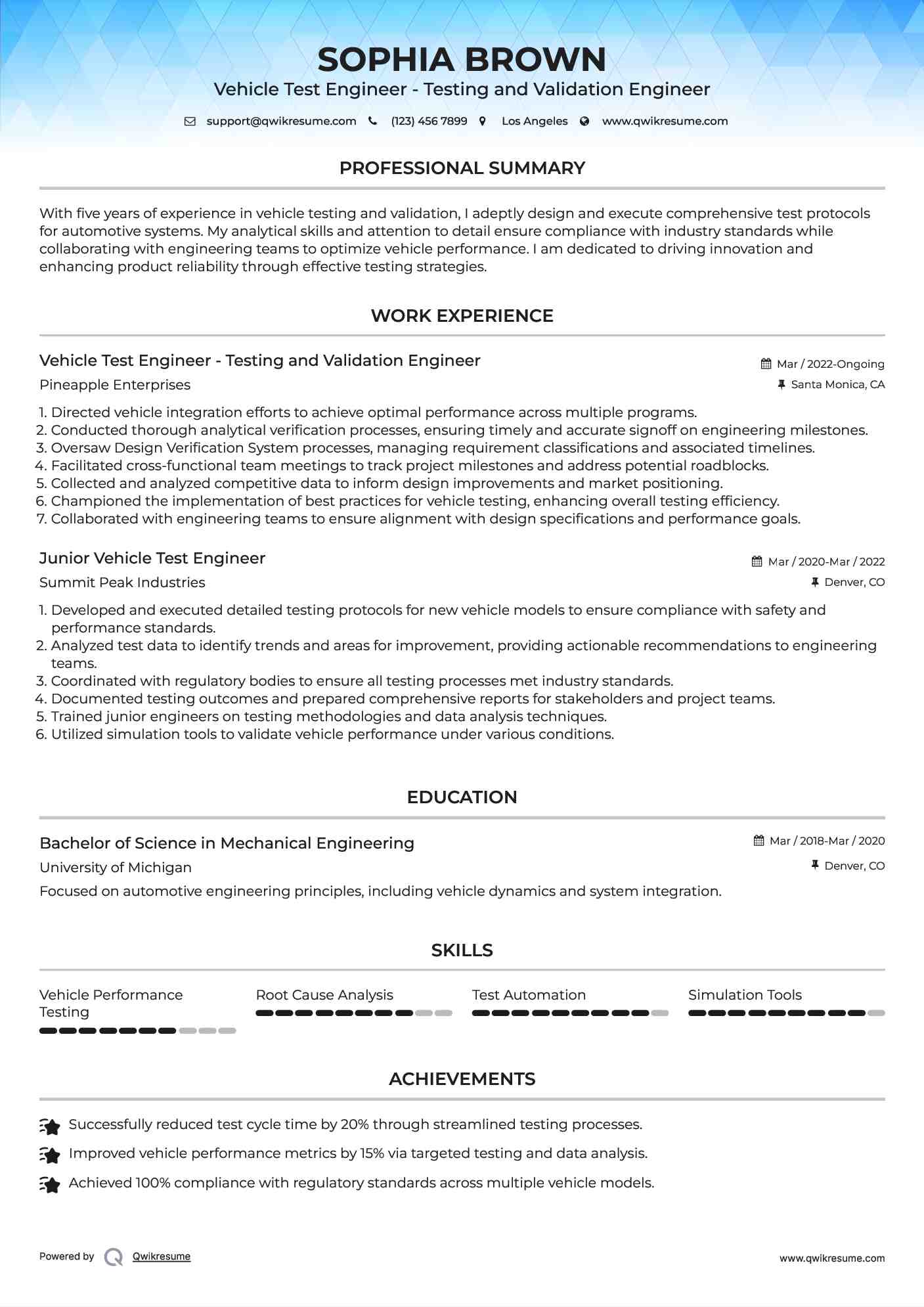 Vehicle Test Engineer - Testing and Validation Engineer Resume Example