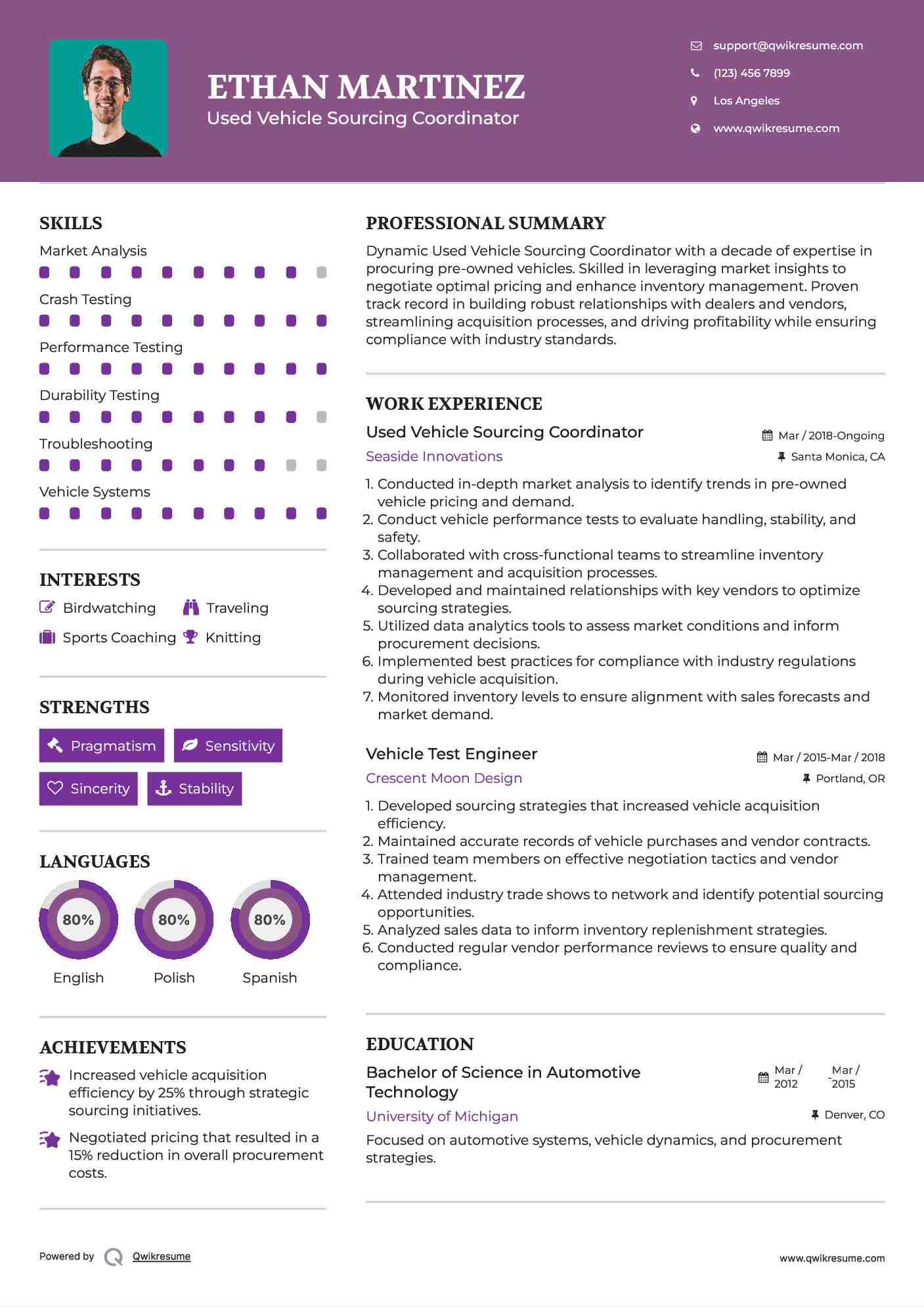 Used Vehicle Sourcing Coordinator Resume Example
