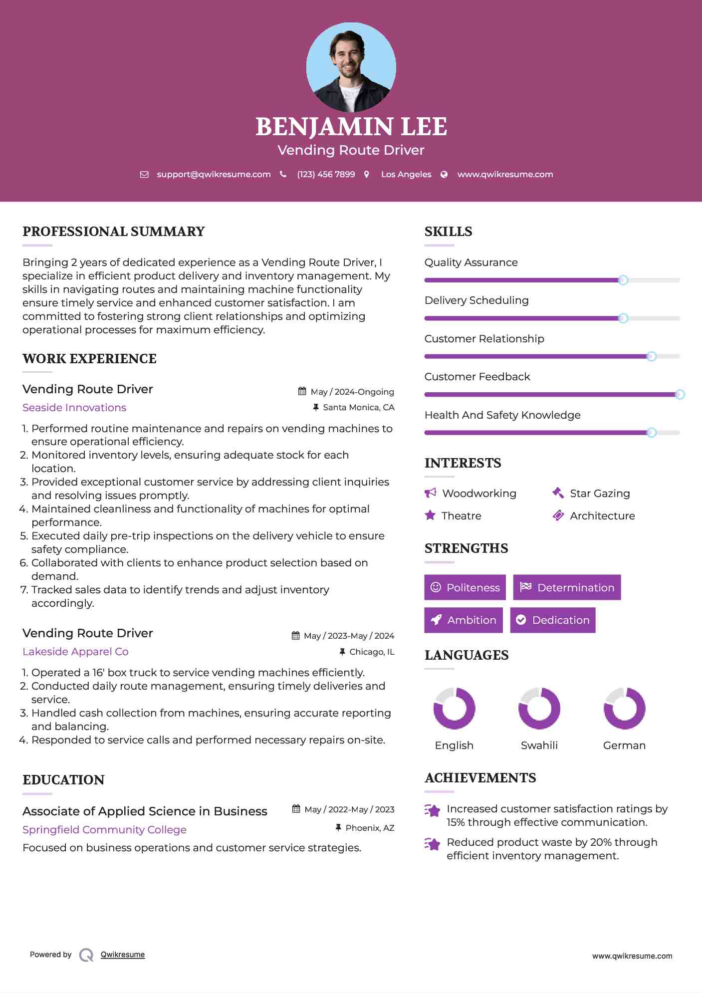 Vending Route Driver Resume Format