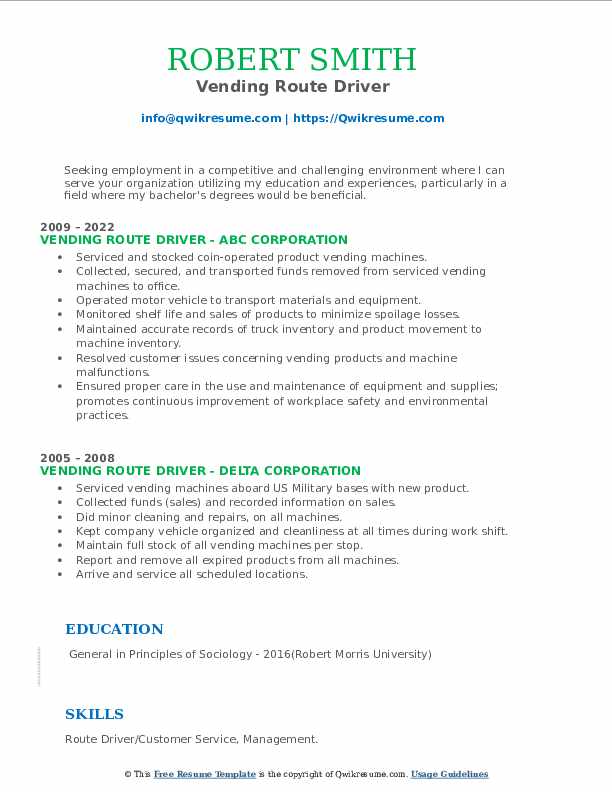 Vending Route Driver Resume Samples QwikResume