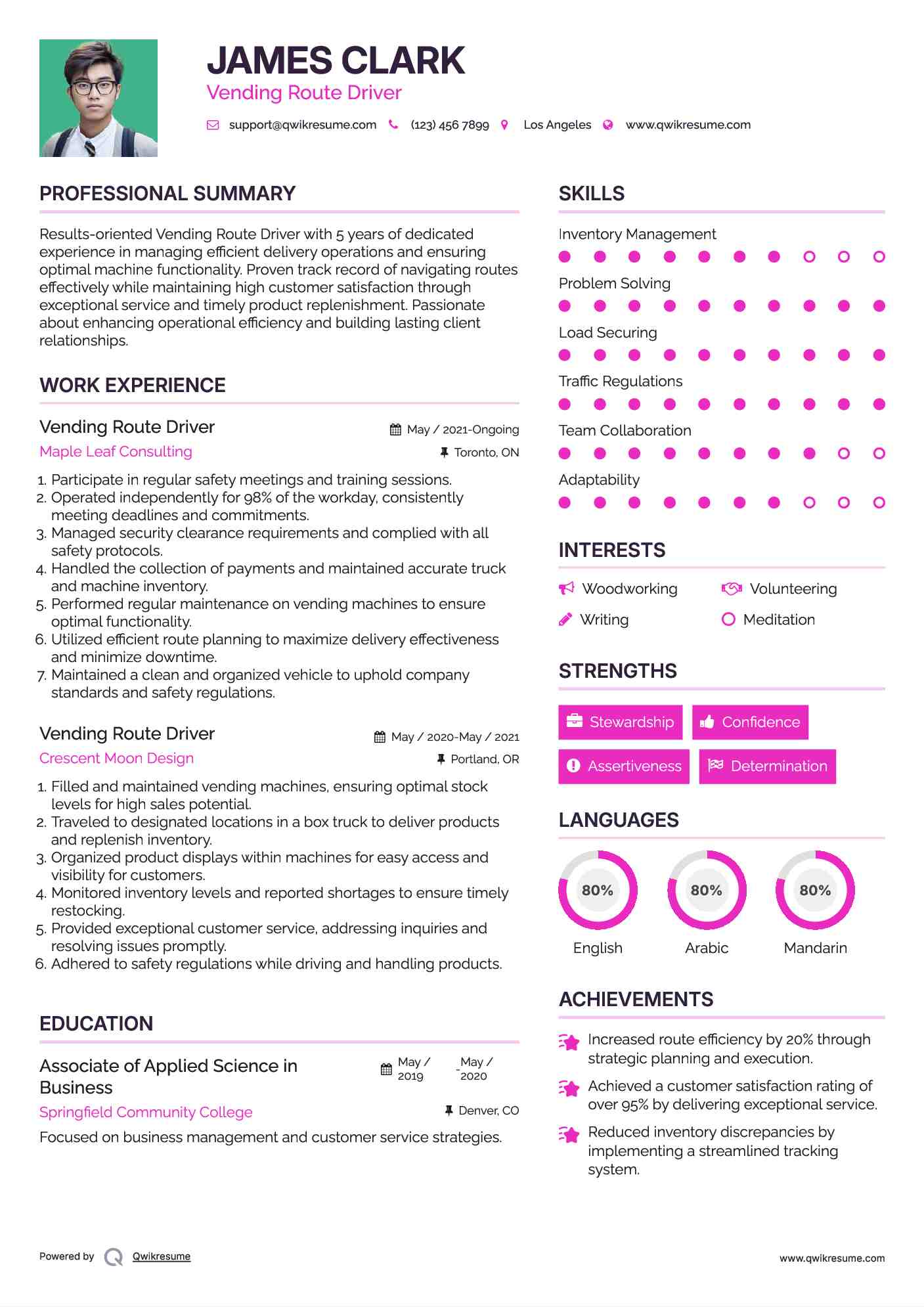 Vending Route Driver Resume Model