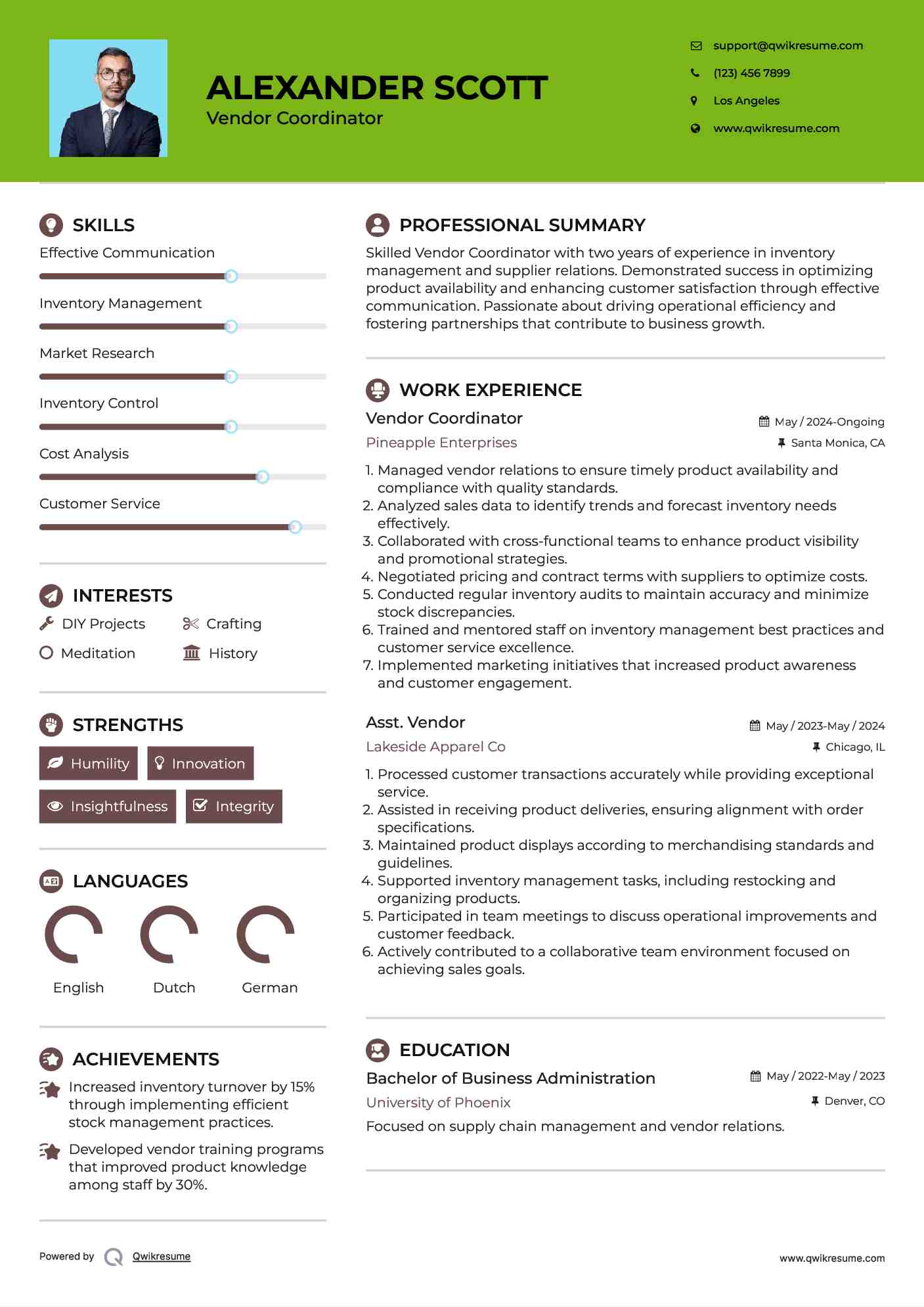 Vendor Coordinator Resume Format