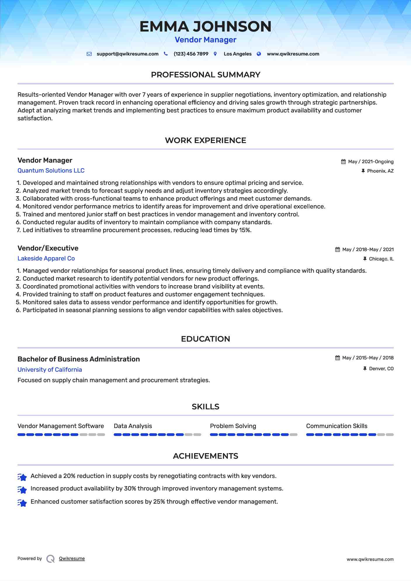 Vendor Manager Resume Sample