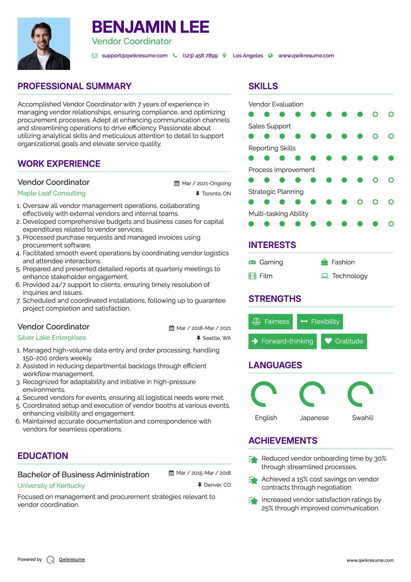 Vendor Coordinator Resume Template