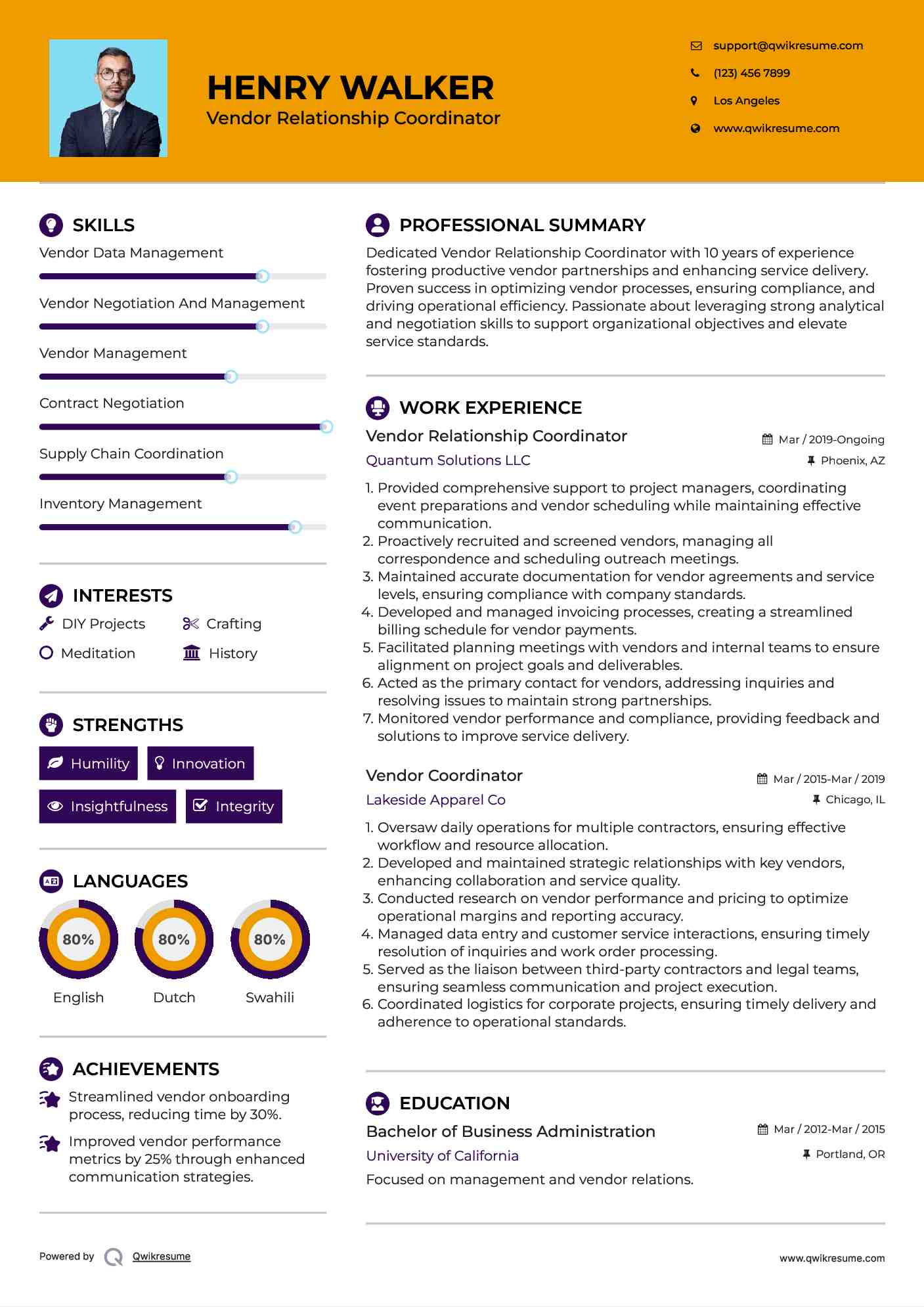 Vendor Relationship Coordinator Resume Model