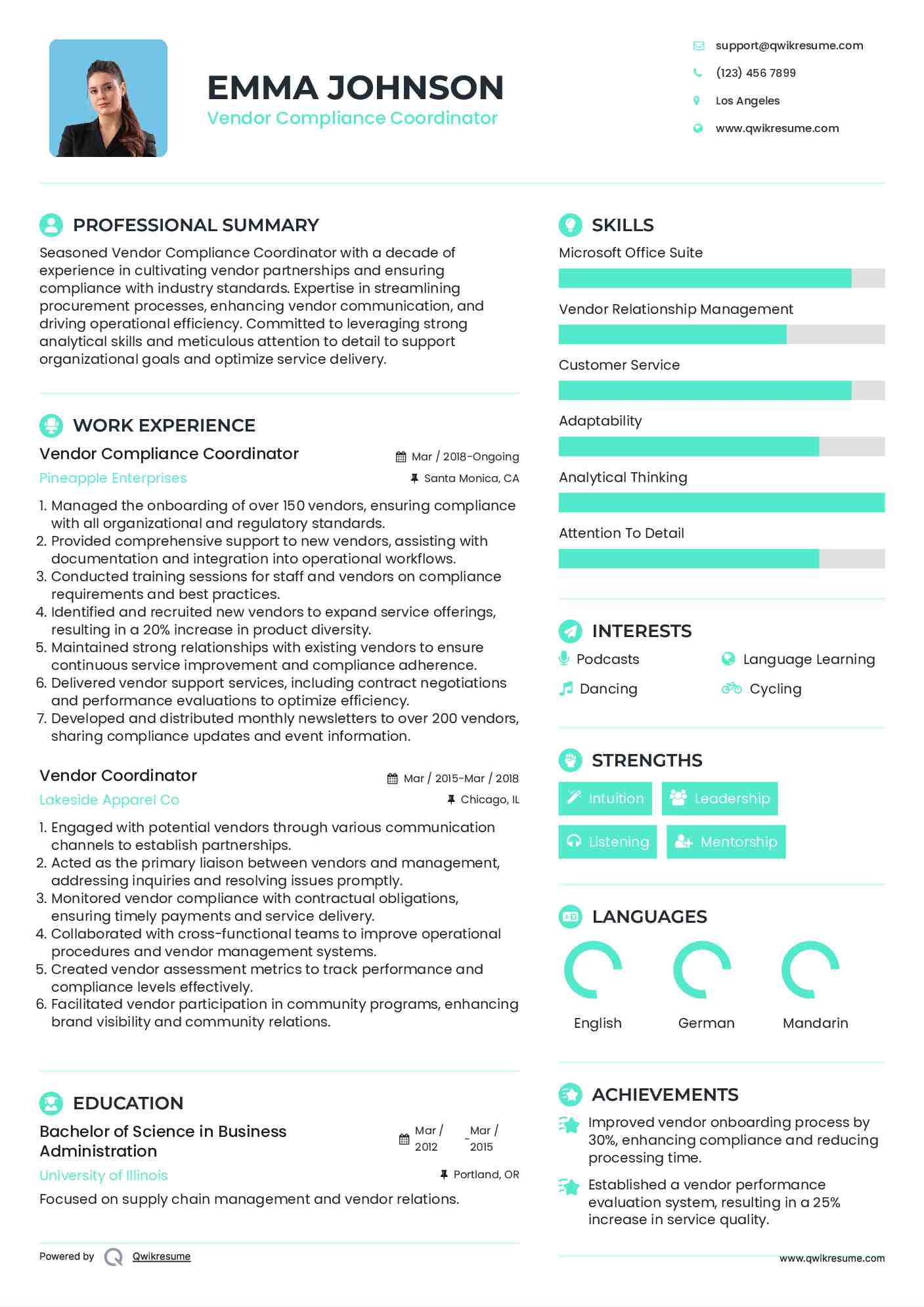 Vendor Compliance Coordinator Resume Model