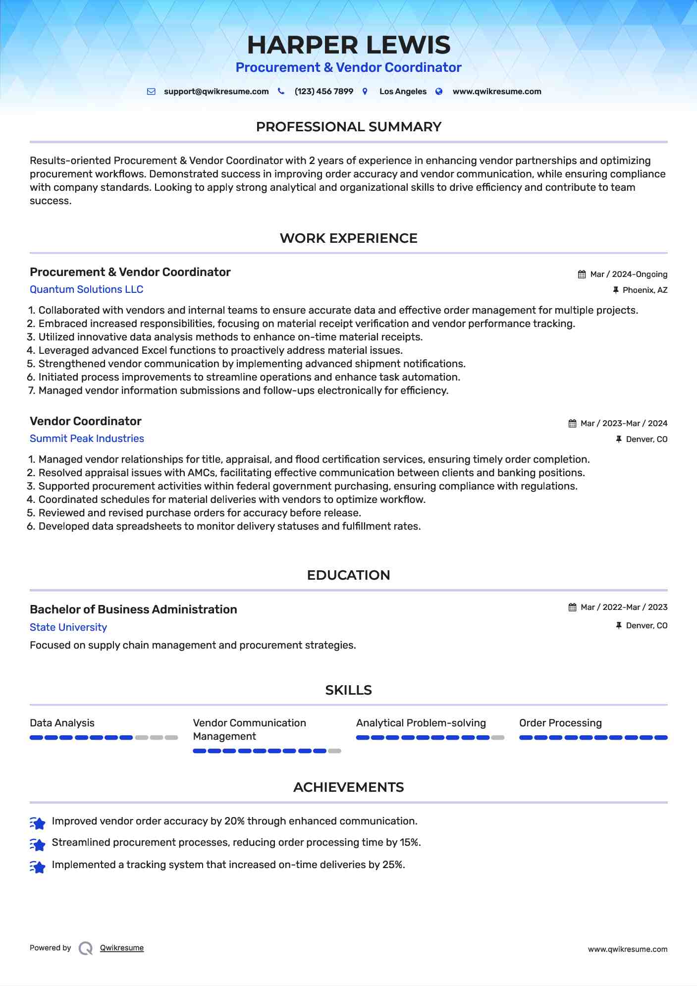 Procurement & Vendor Coordinator Resume Format