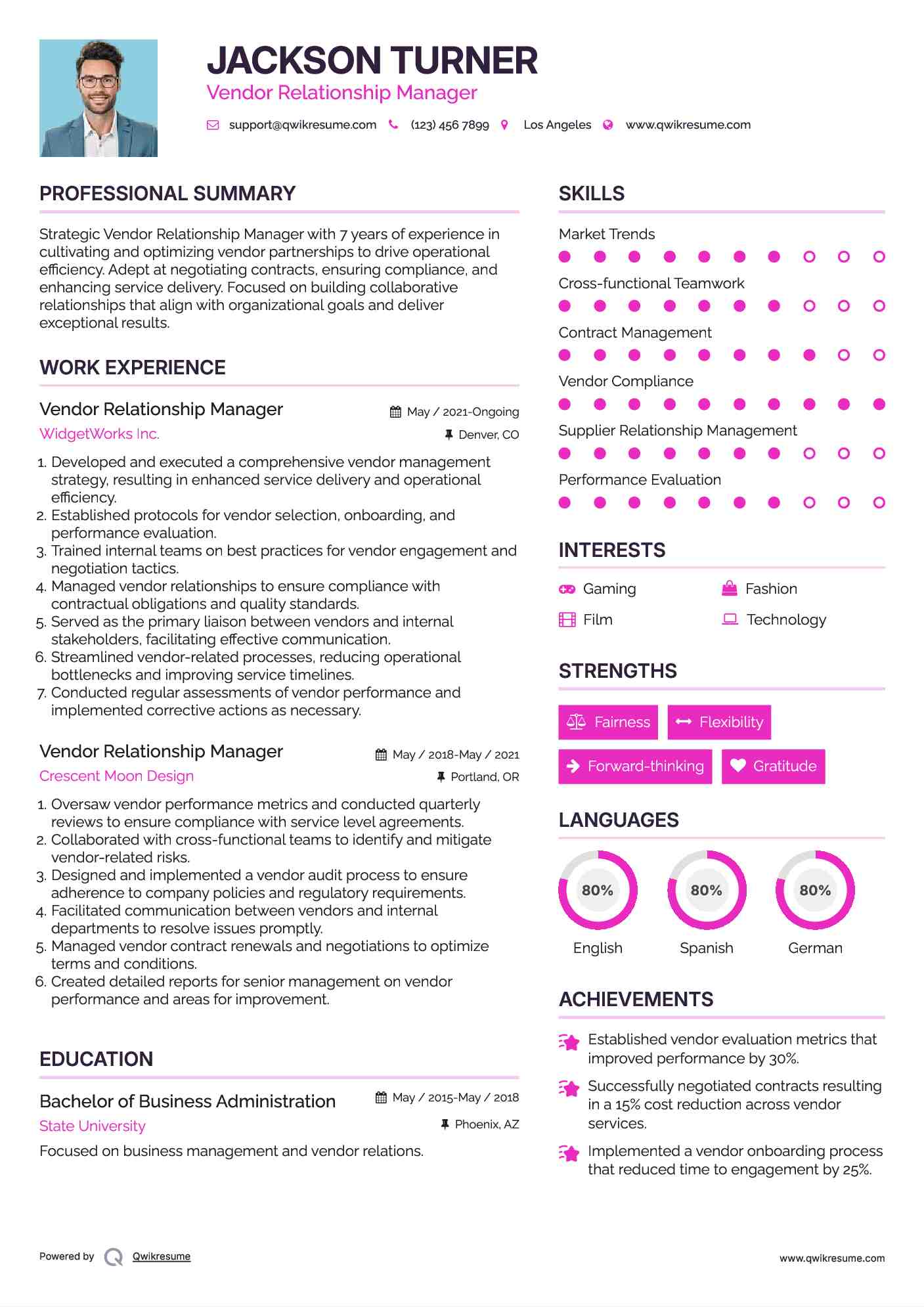 Vendor Relationship Manager Resume Model