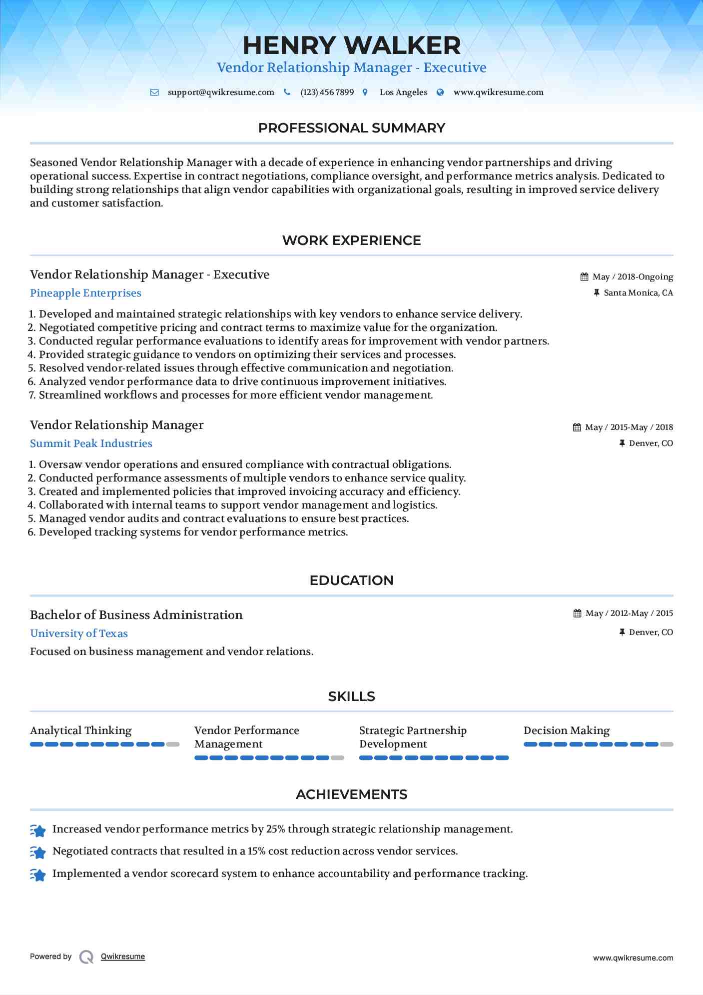 Vendor Relationship Manager - Executive Resume Sample