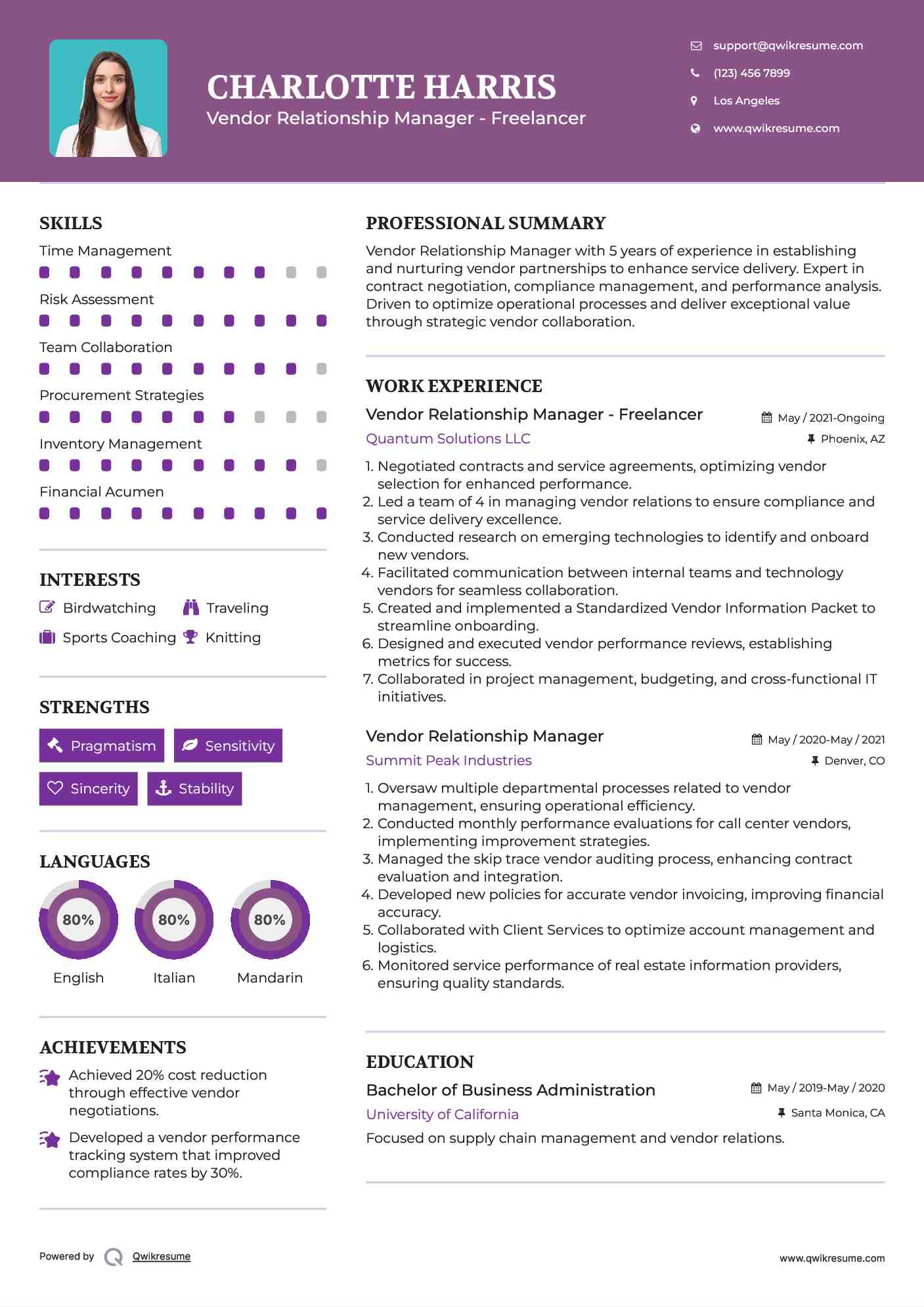 Vendor Relationship Manager - Freelancer Resume Example