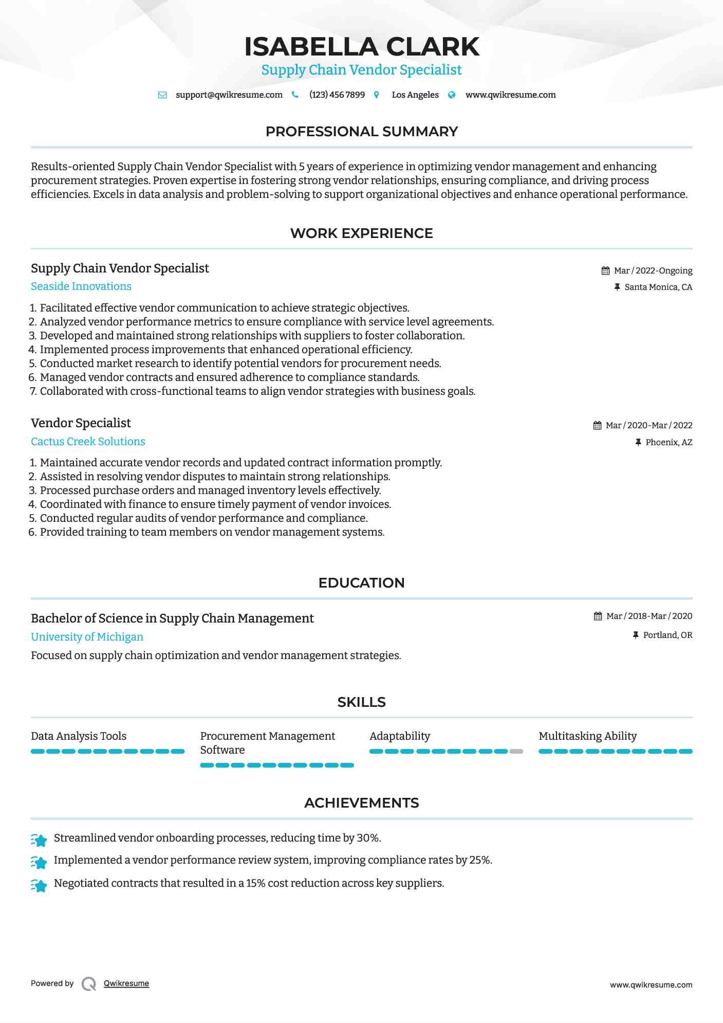 Supply Chain Vendor Specialist
 Resume Model