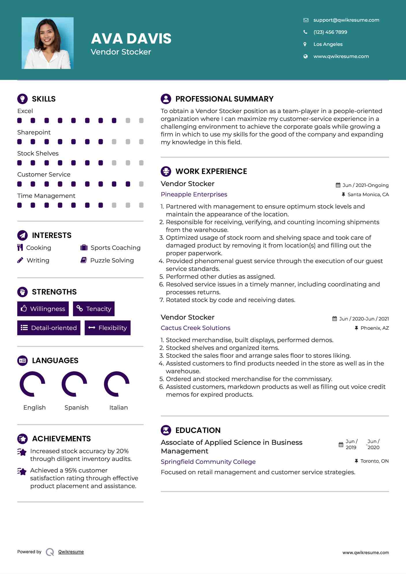 Vendor Stocker Resume Model