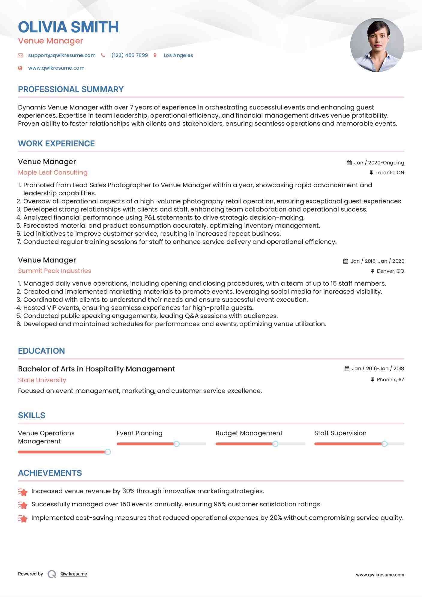 Venue Manager Resume Example