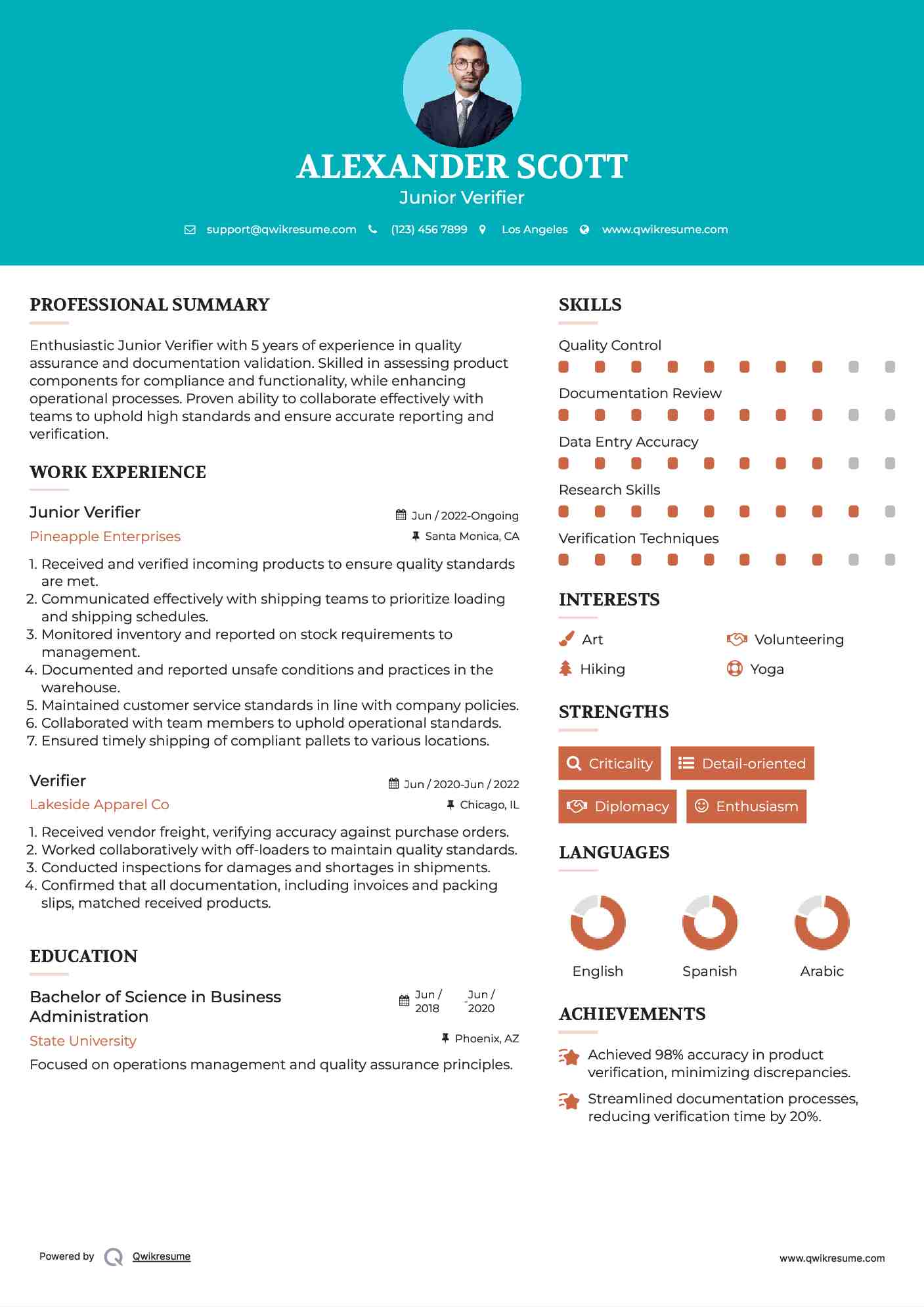 Junior Verifier Resume Sample