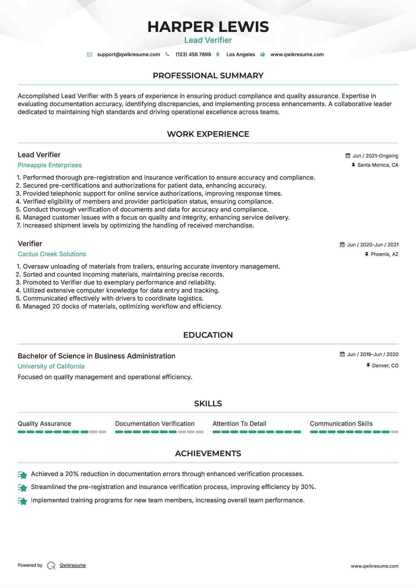 Lead Verifier Resume Format