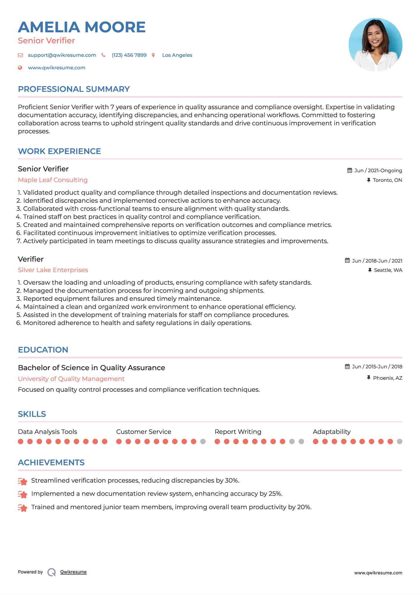 Senior Verifier Resume Example