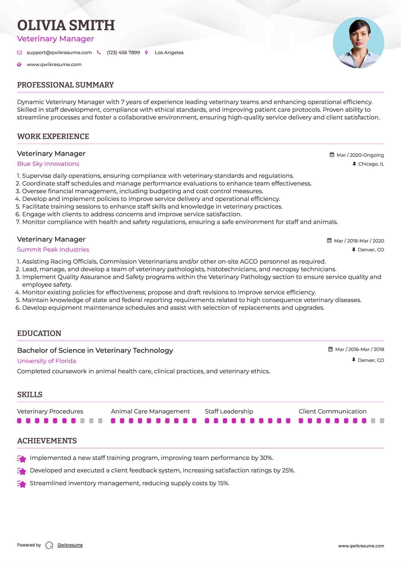 Veterinary Manager Resume Template