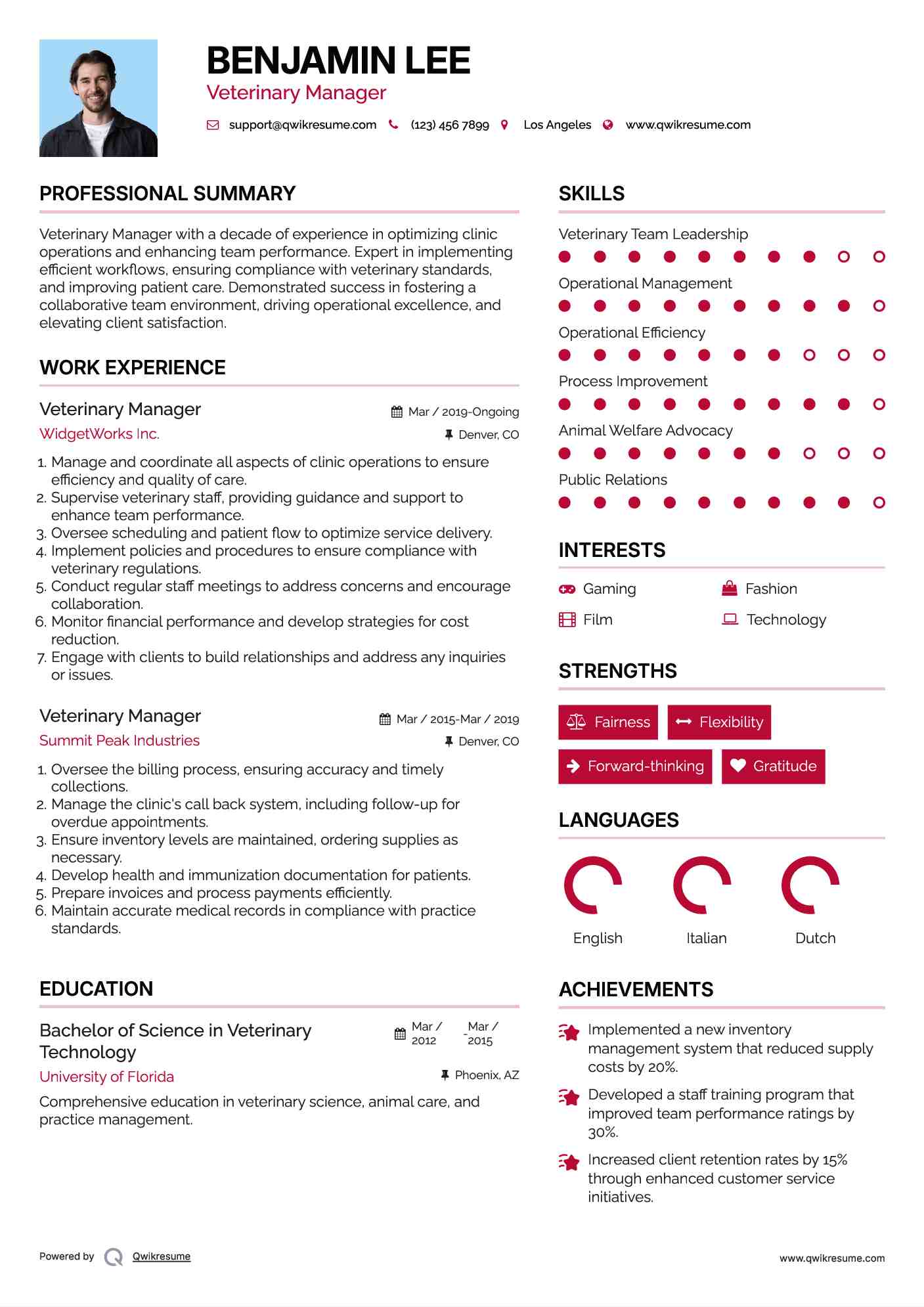 Veterinary Manager Resume Template