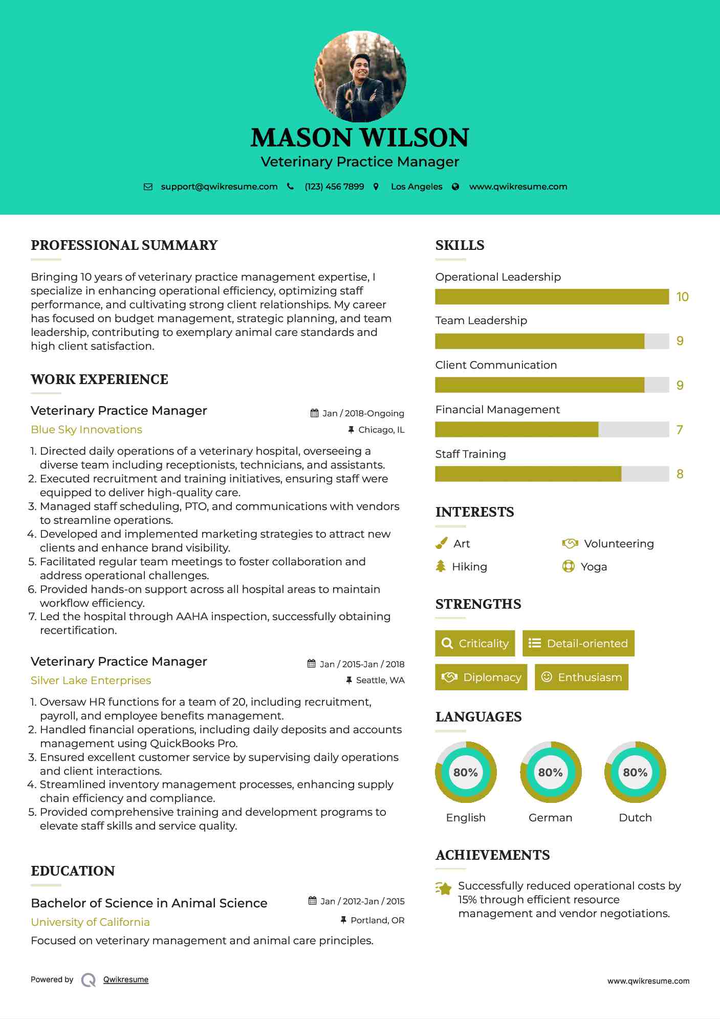 Veterinary Practice Manager Resume Format