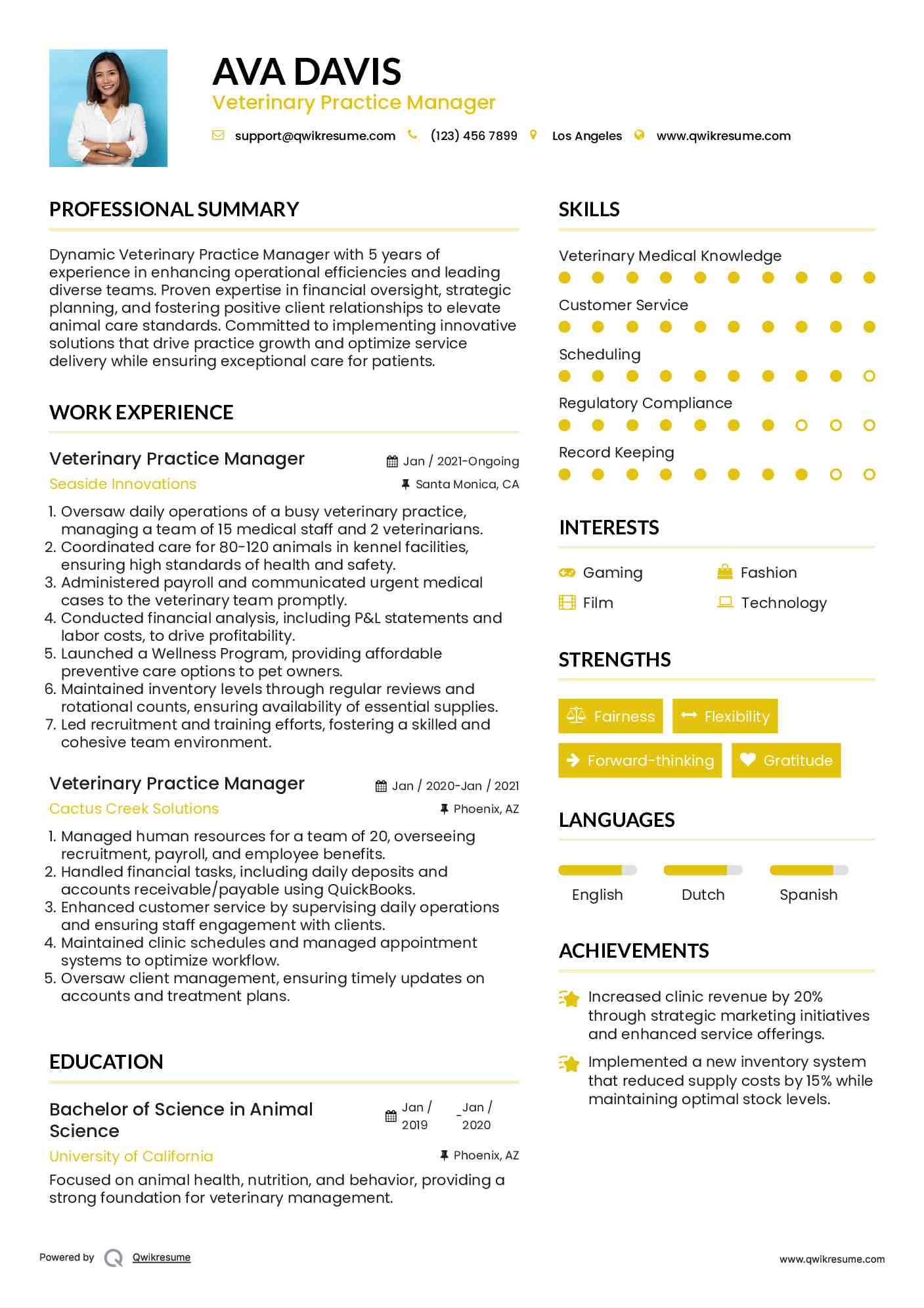 Veterinary Practice Manager Resume Example