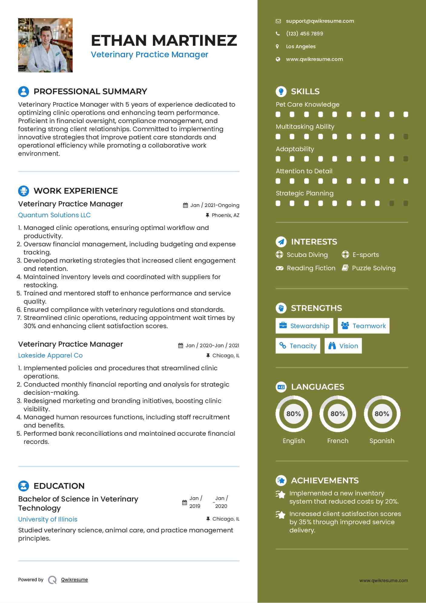 Veterinary Practice Manager Resume Example