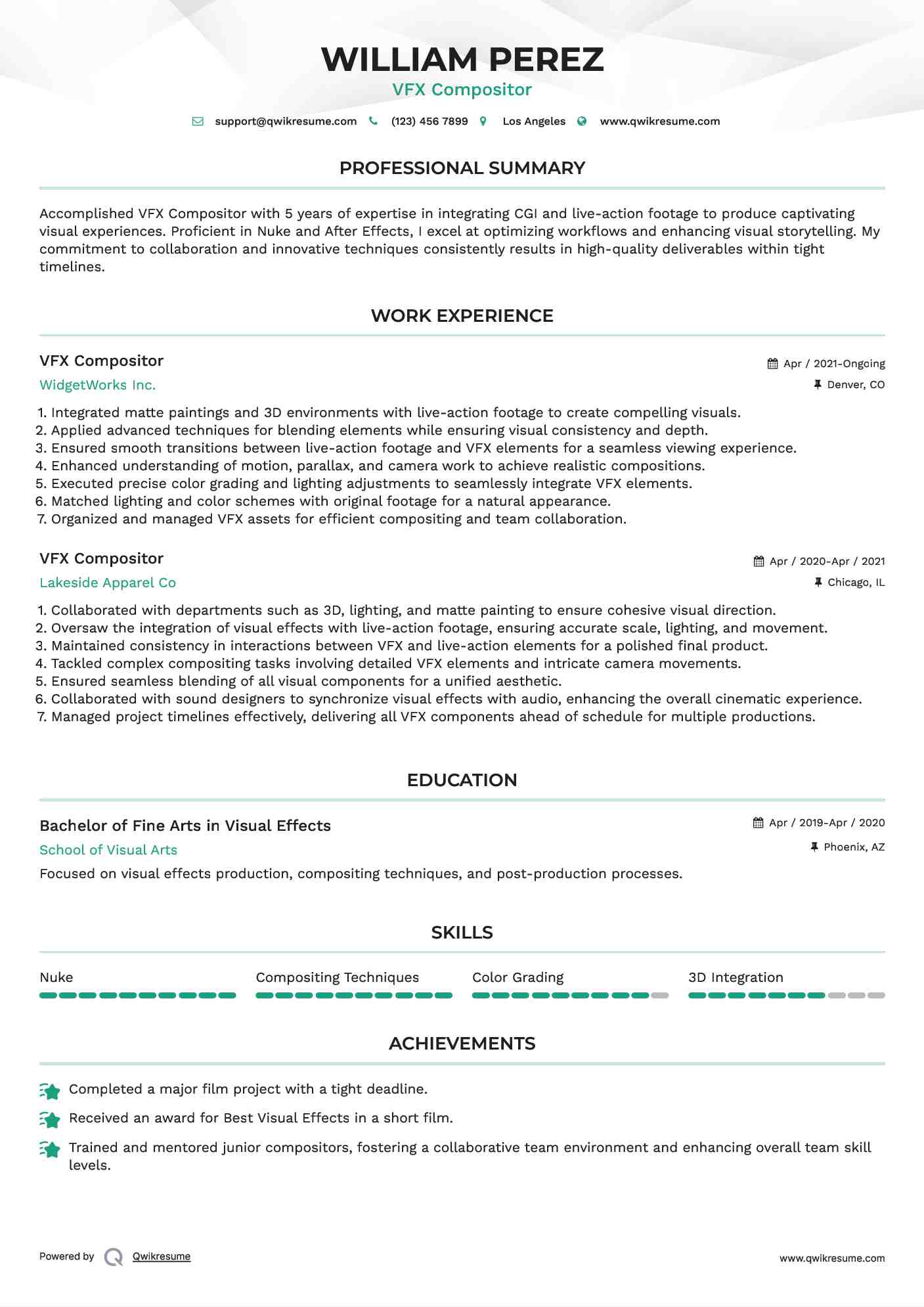 VFX Compositor Resume Sample