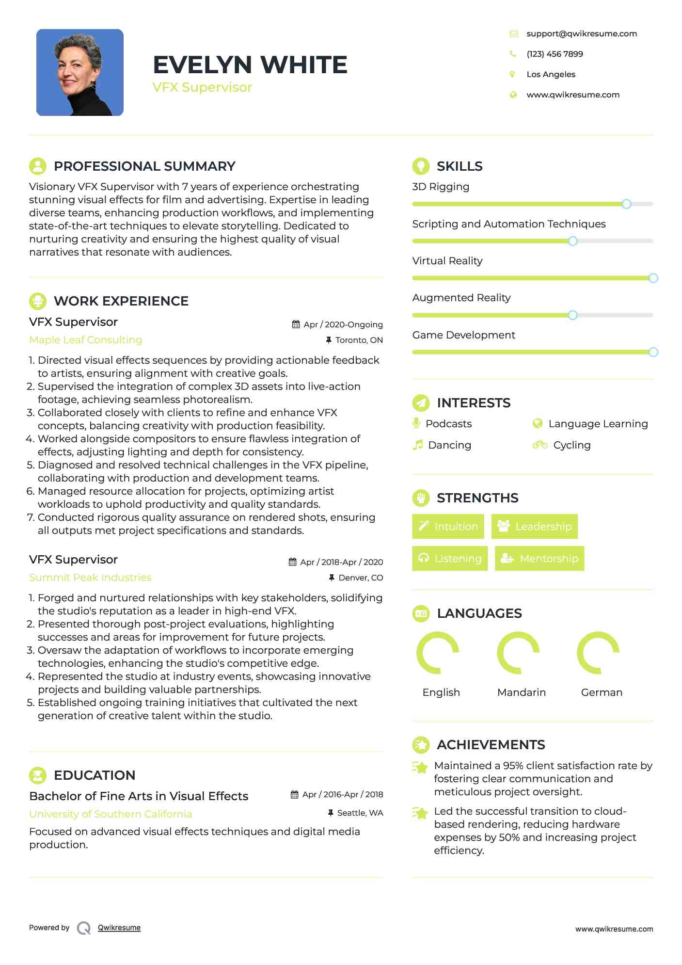 VFX Supervisor Resume Example