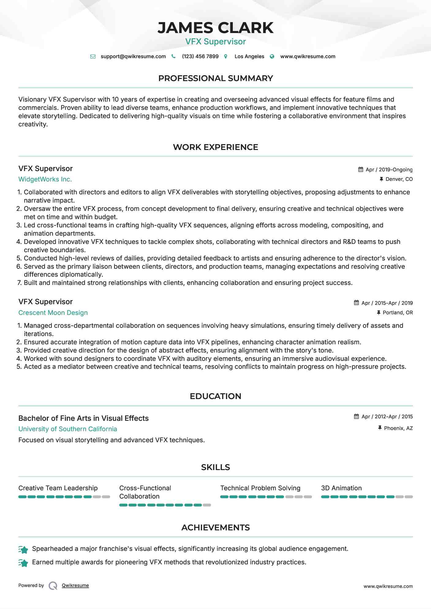 VFX Supervisor Resume Template