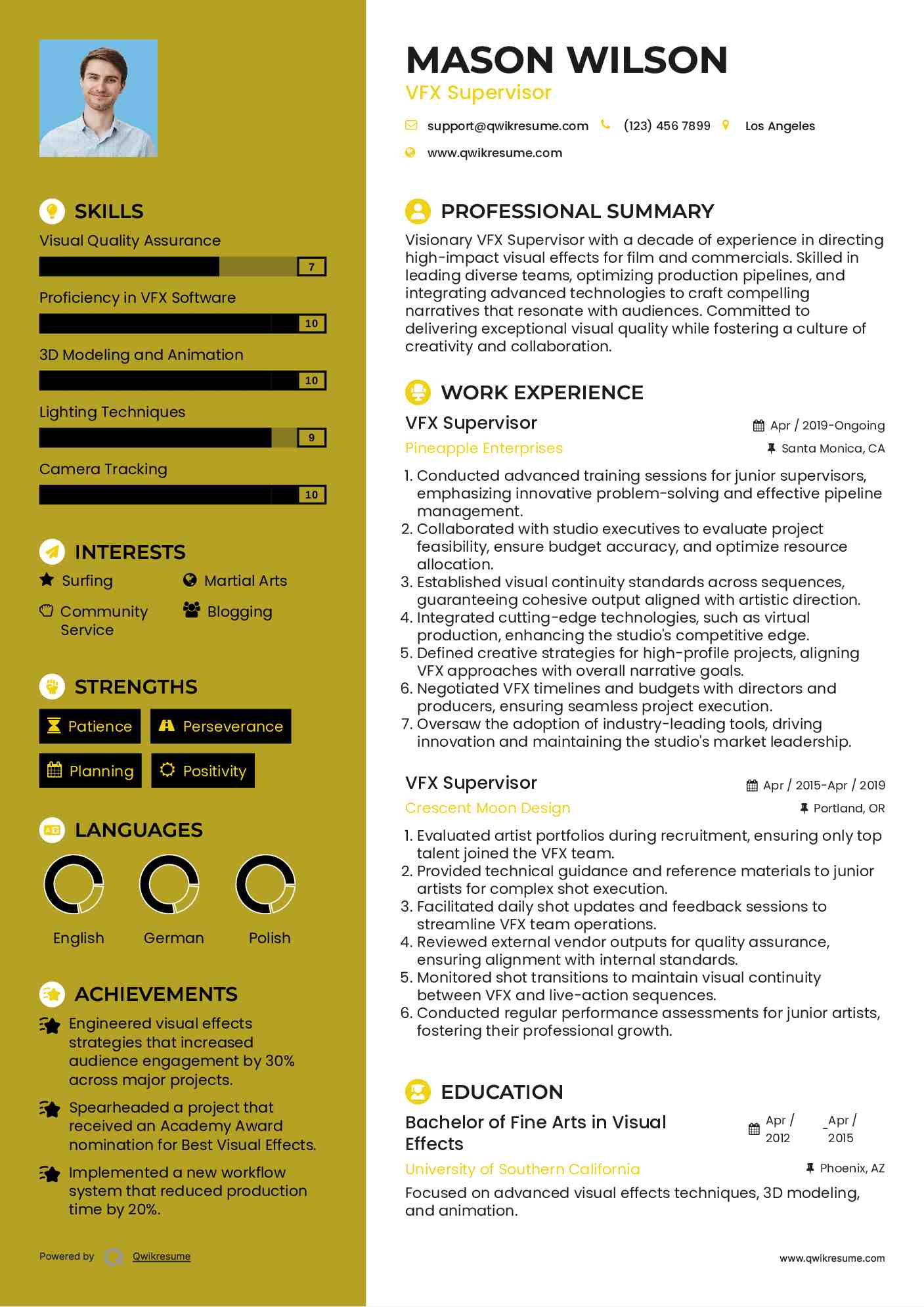 VFX Supervisor Resume Sample