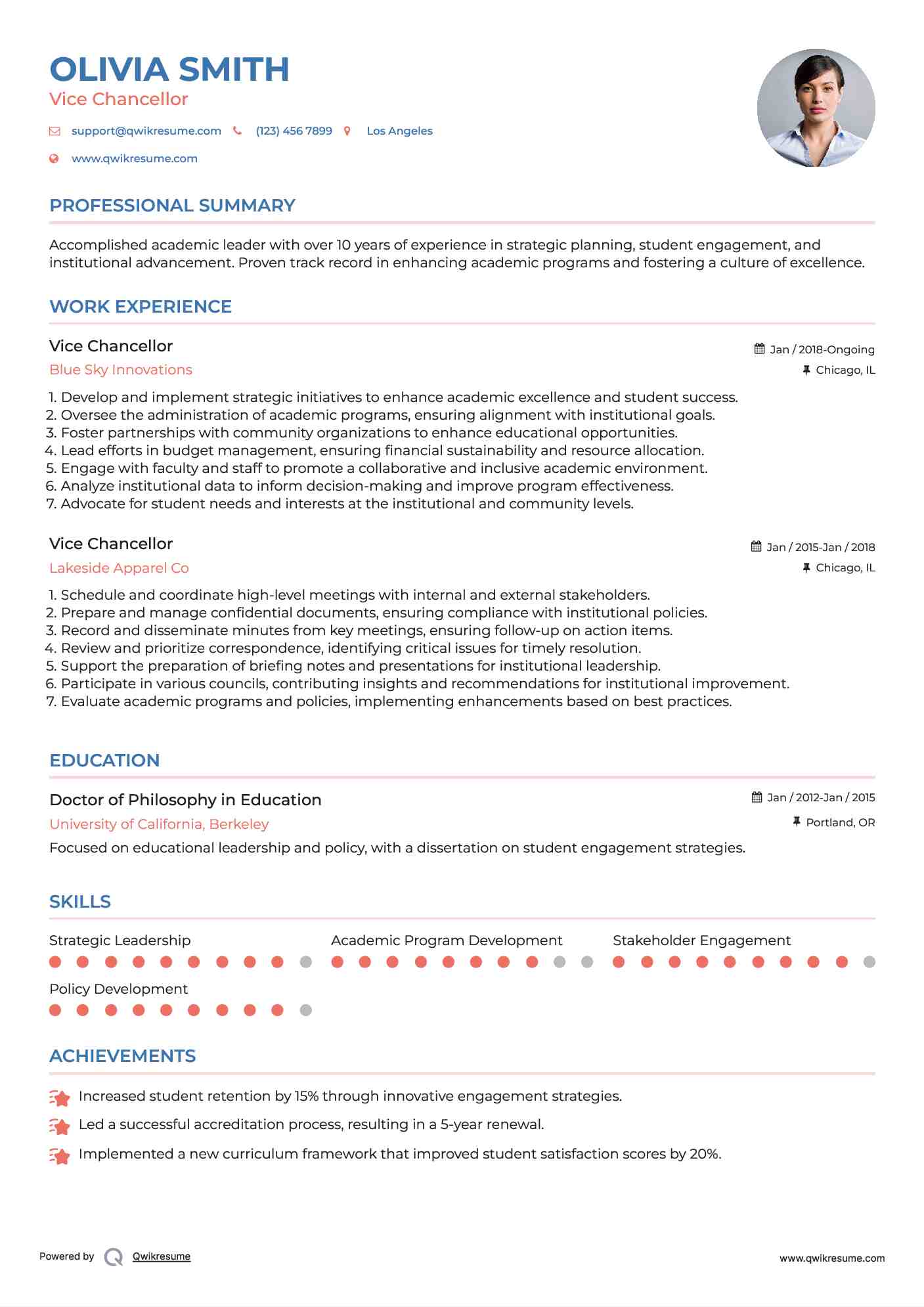 Vice Chancellor Resume Example