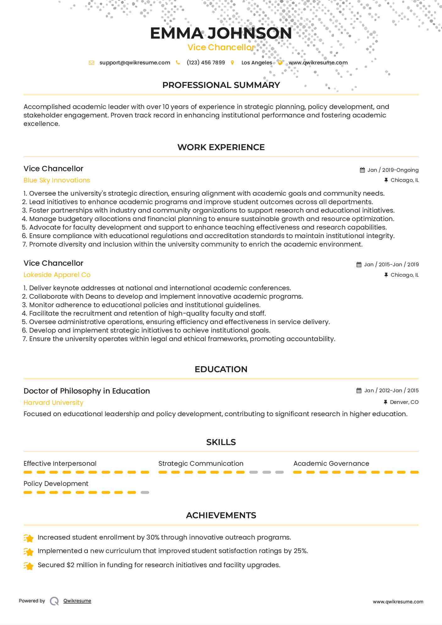 Vice Chancellor Resume Format