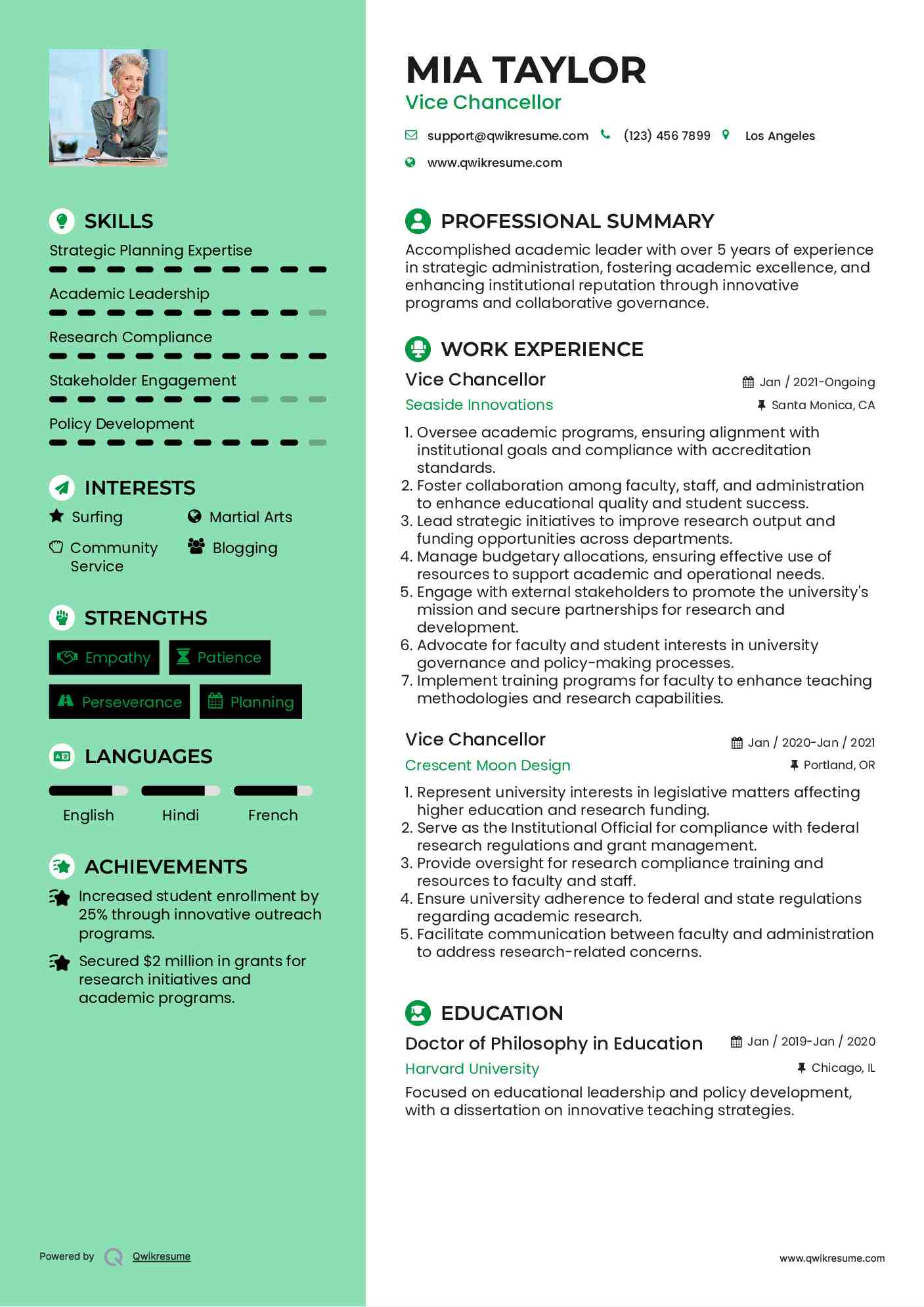 Vice Chancellor Resume Example