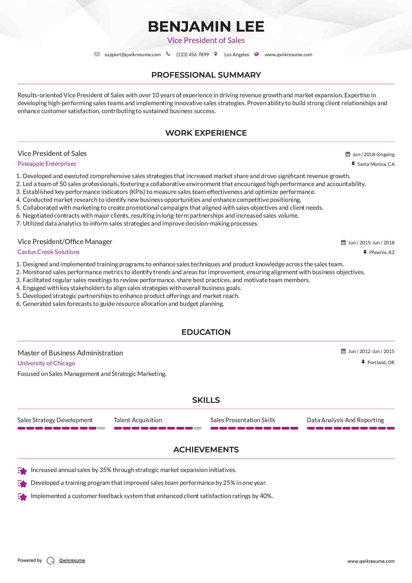 Vice President of Sales Resume Sample