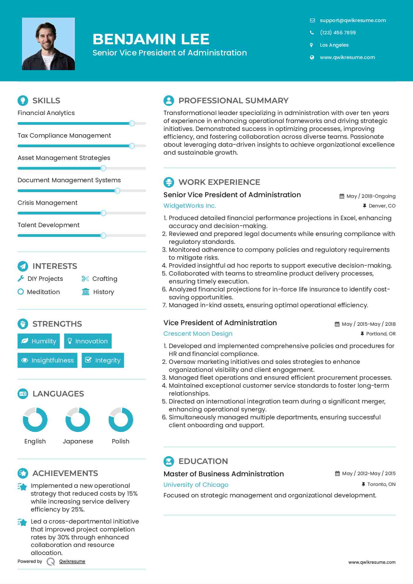 Senior Vice President of Administration Resume Sample