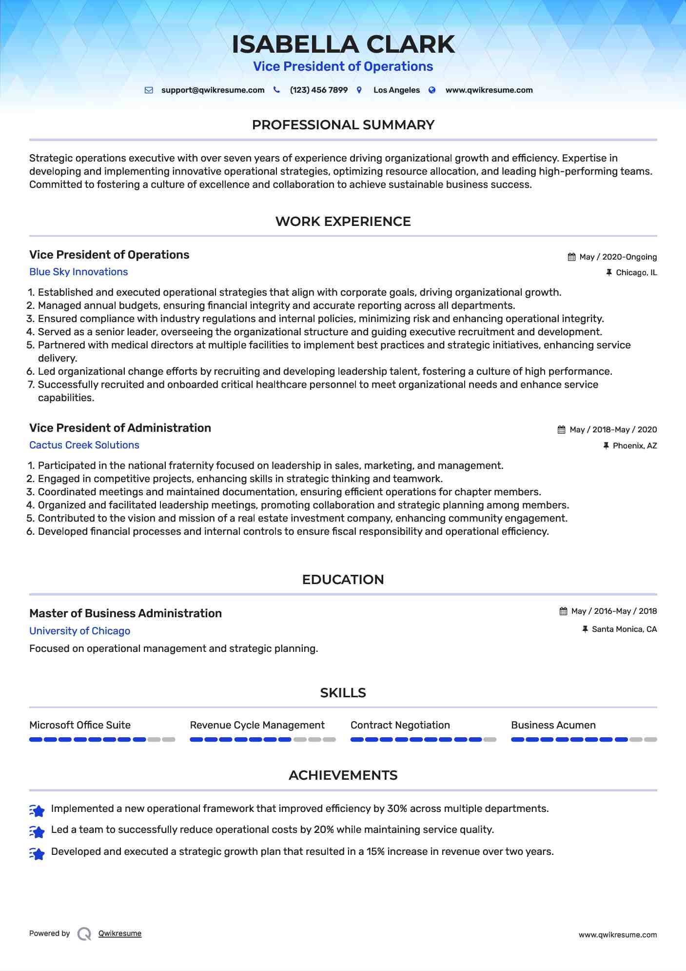 Vice President of Operations Resume Format
