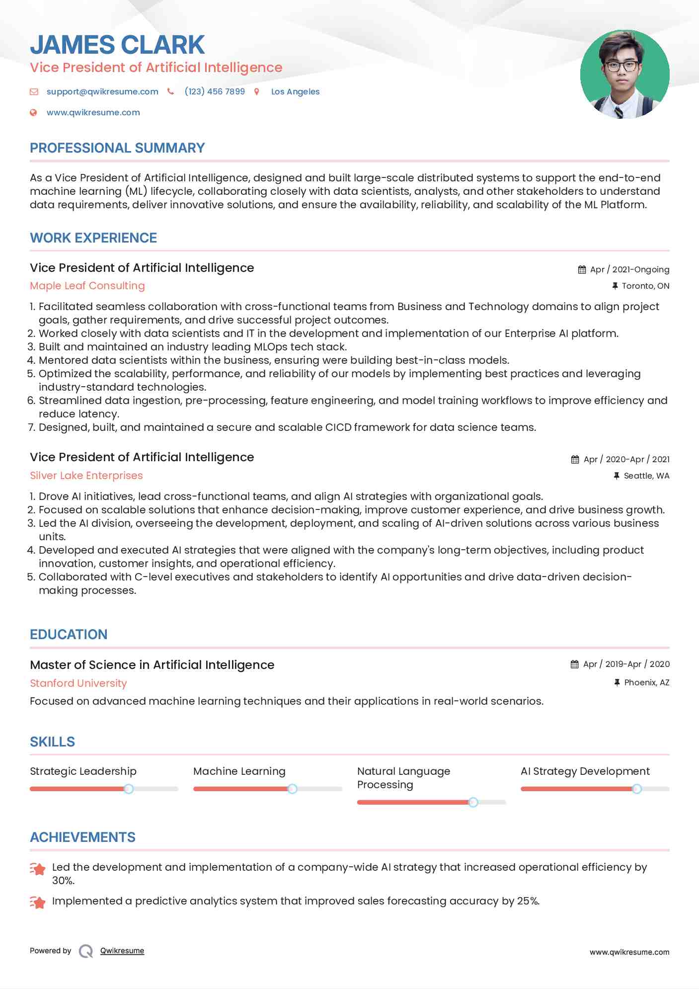 Vice President of Artificial Intelligence Resume Model