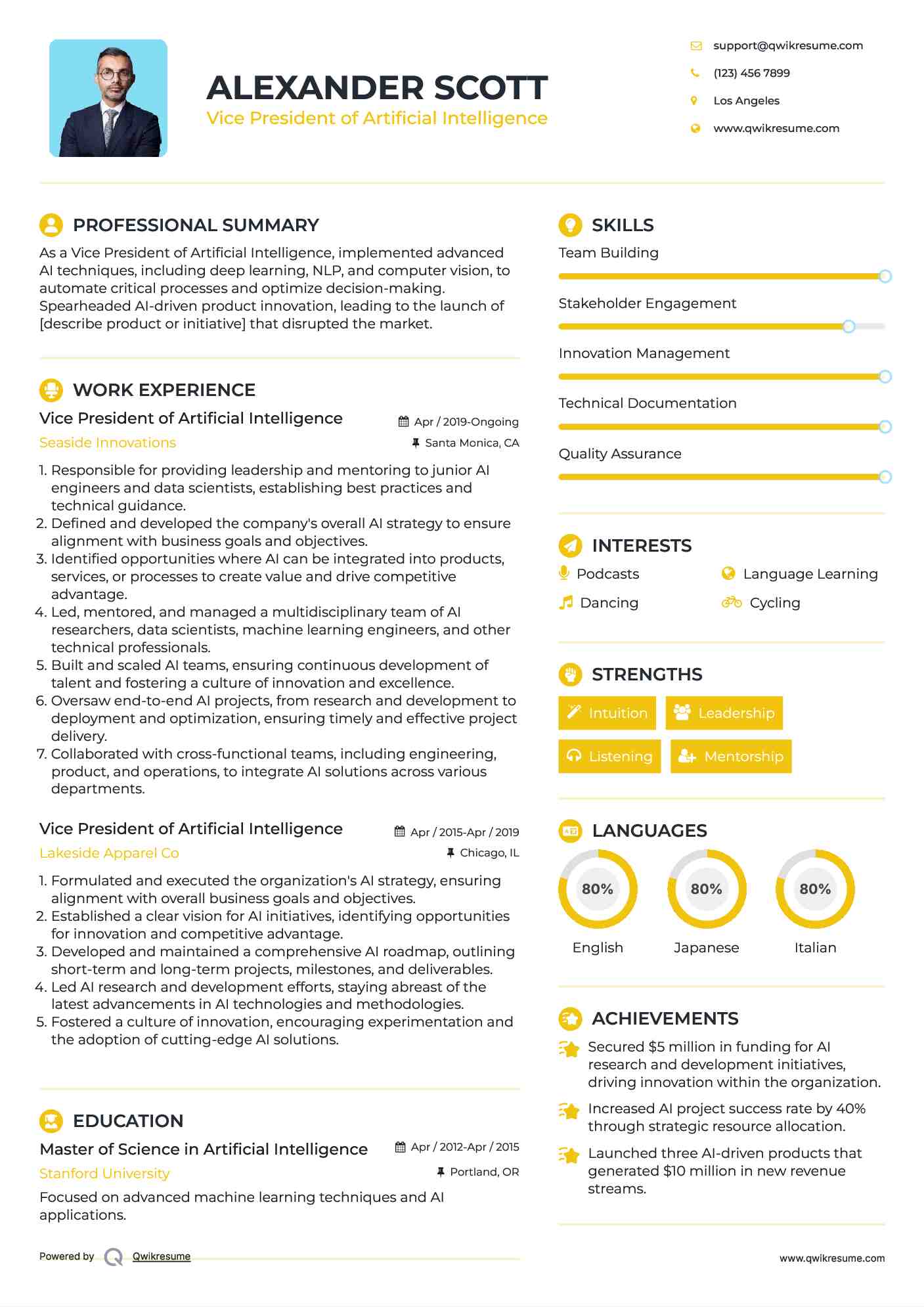 Vice President of Artificial Intelligence Resume Example