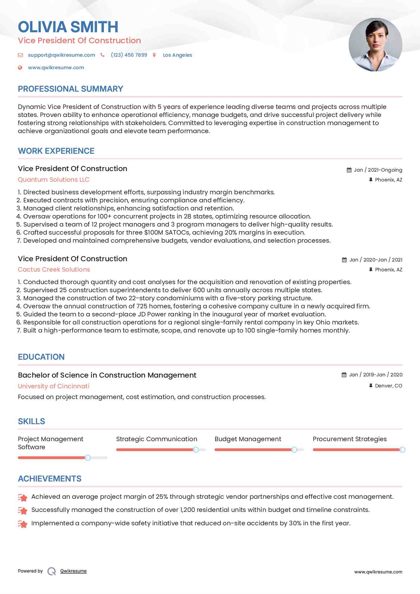 Vice President Of Construction Resume Model